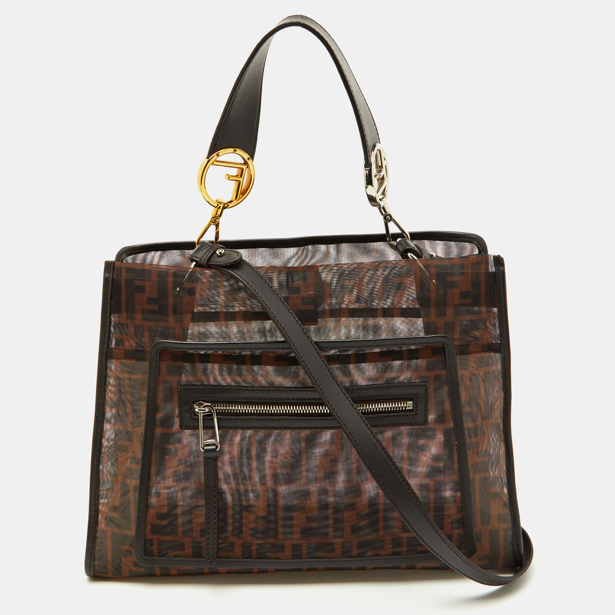

Fendi Zucca Leather and Mesh Runaway Top Handle Bag, Brown