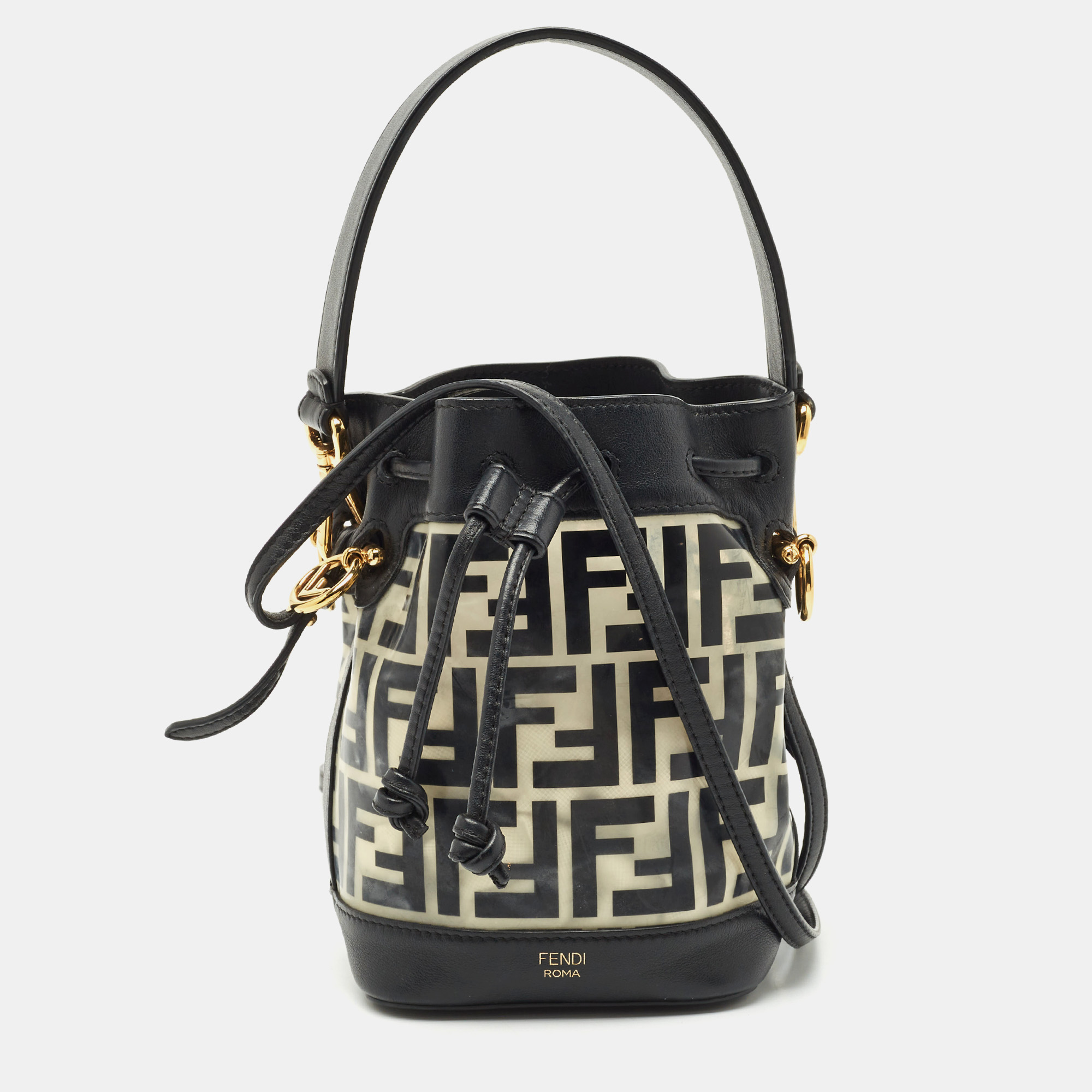 Pre-owned Fendi Black Zucca Pvc And Leather Mini Mon Tresor Drawstring Bucket Bag