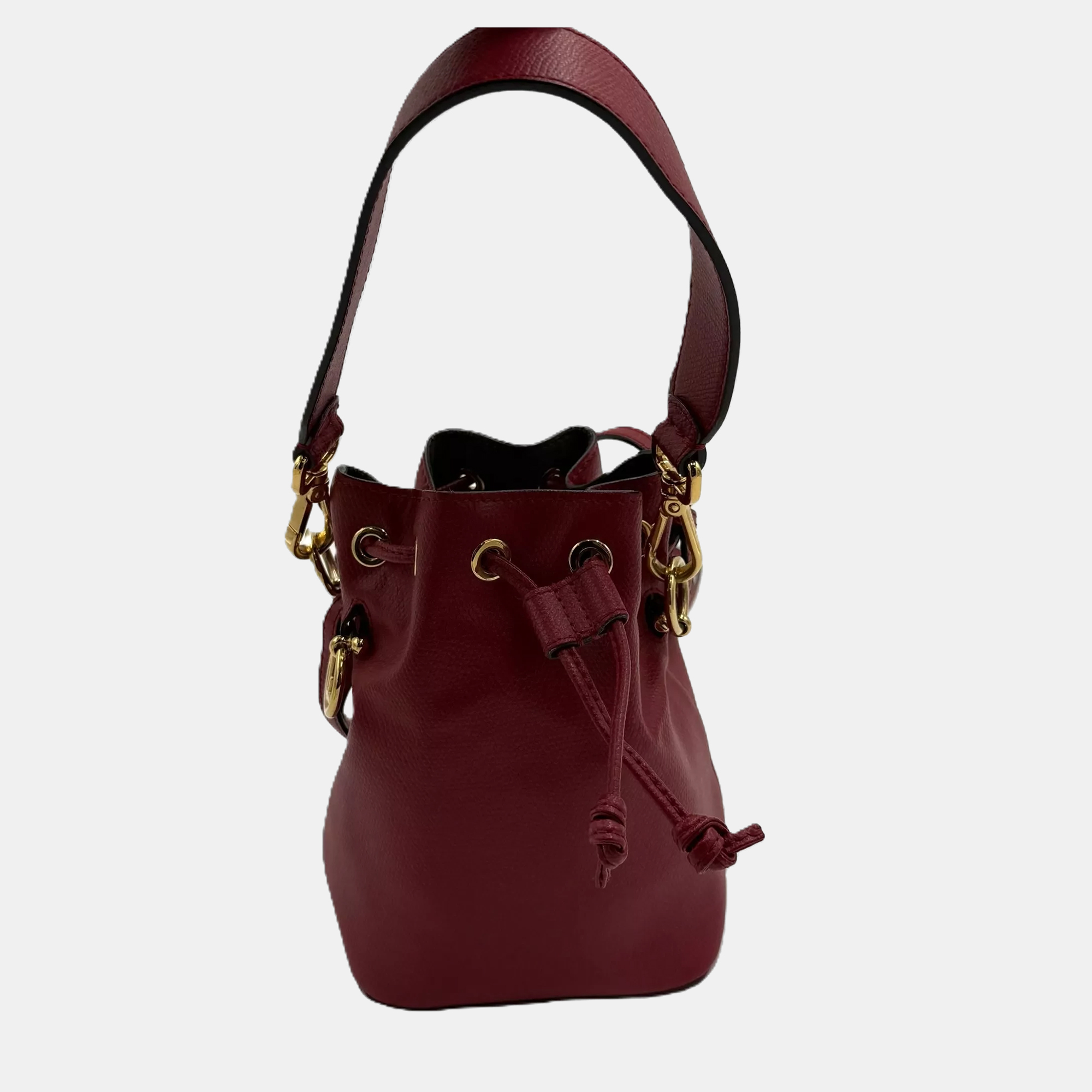 

Fendi Mini Mon Tresor Red Leather Drawstring Bucket Bag