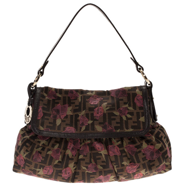 Pre Owned Fendi Tobacco Zucca Canvas Chef Rose Print Medium Bag