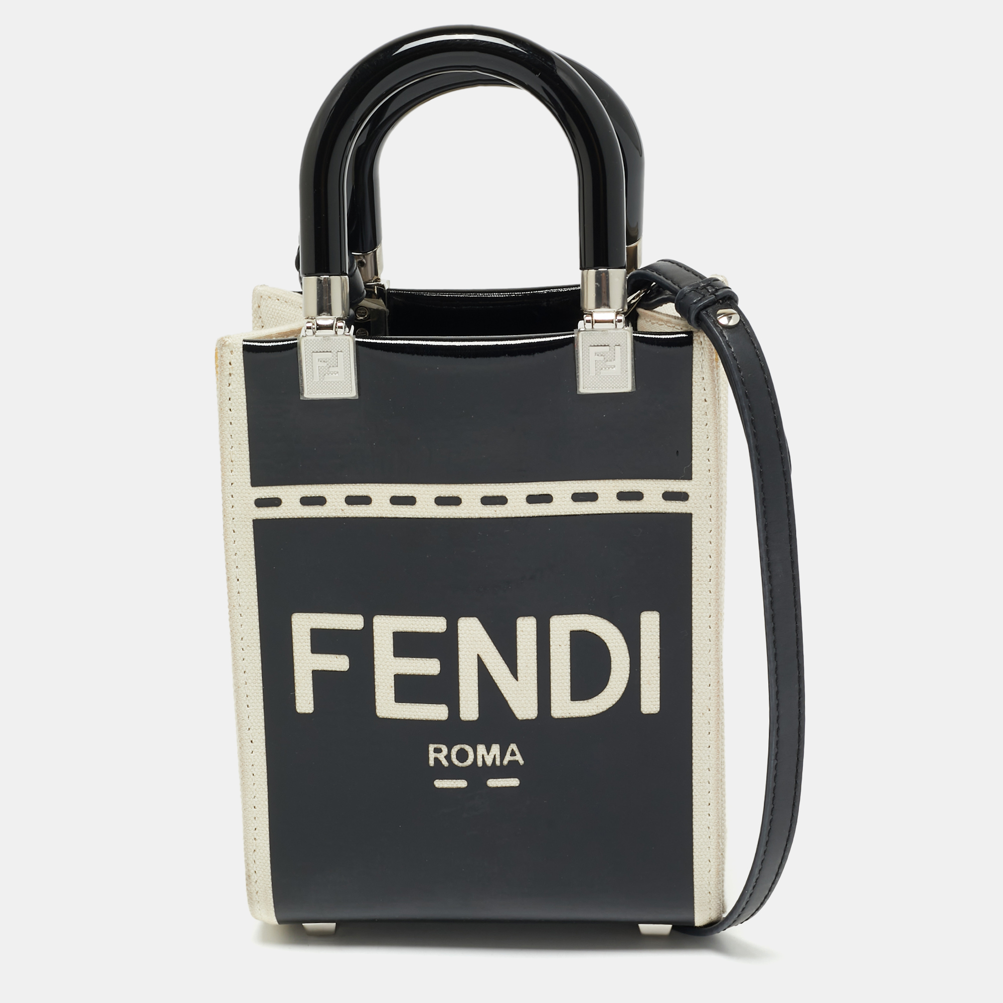 

Fendi Black/Cream Patent Leather and Canvas Mini Sunshine Tote