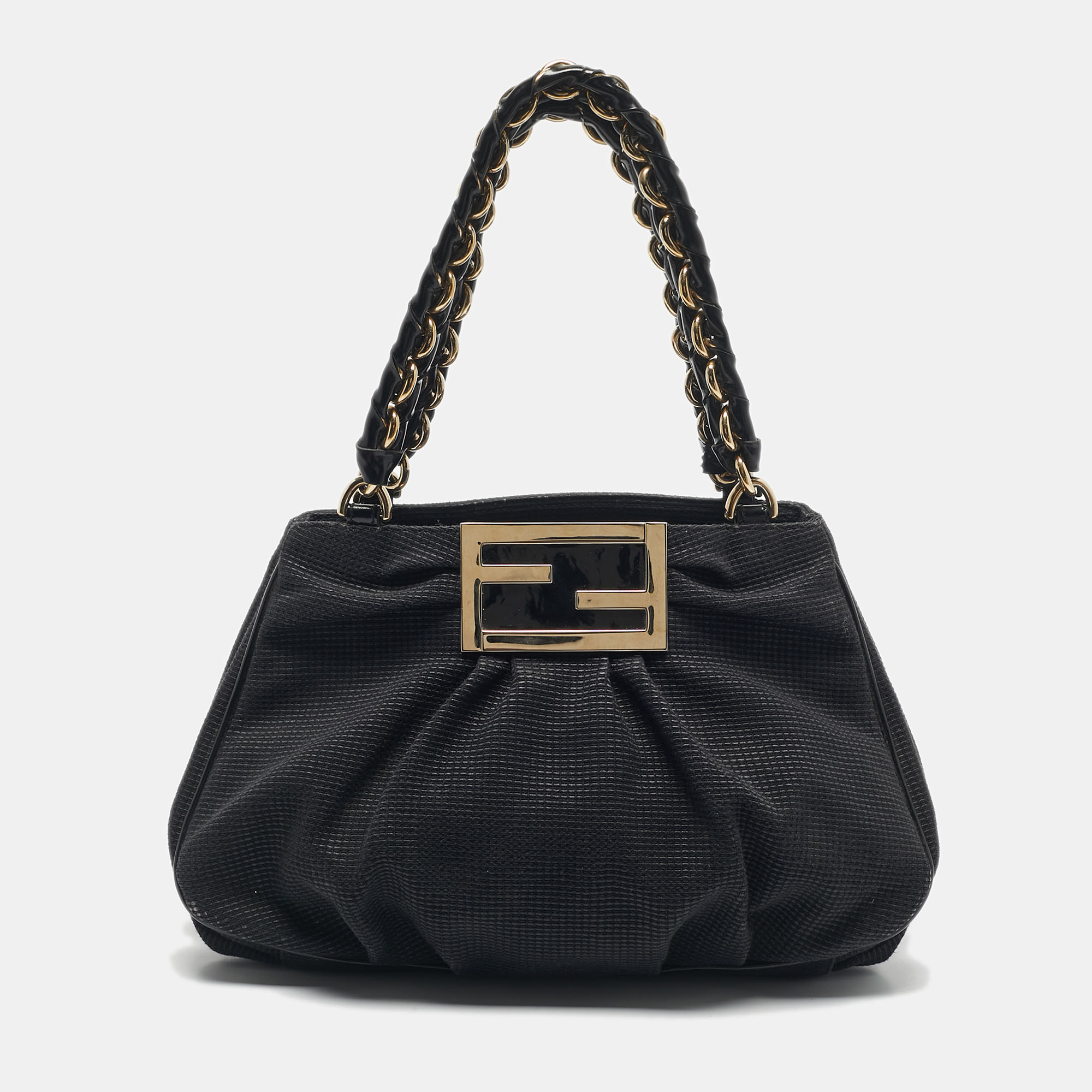 Pre-owned Fendi Black Textured Fabric And Patent Leather Small Mia Tote
