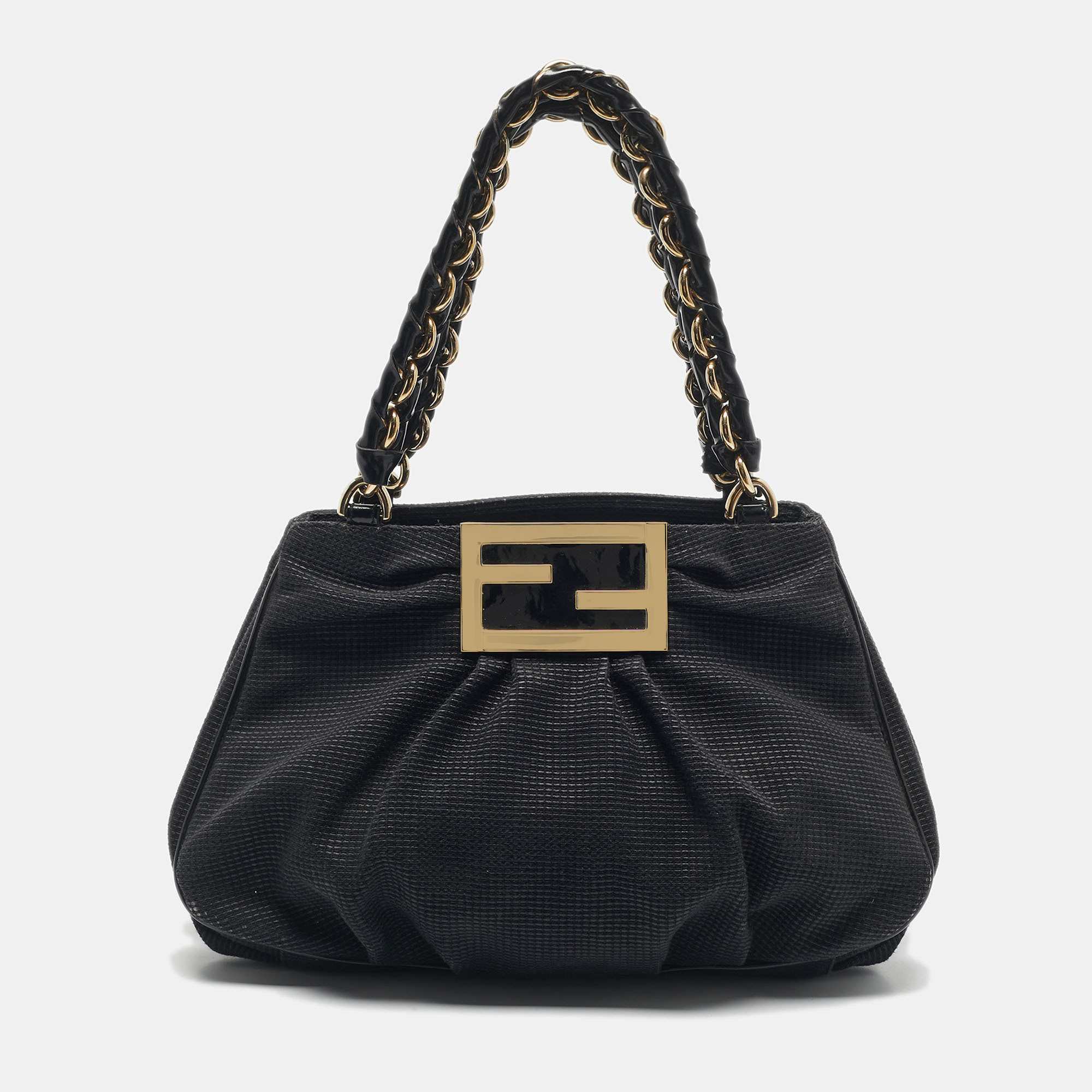 

Fendi Black Textured Fabric and Patent Leather  Mia Tote