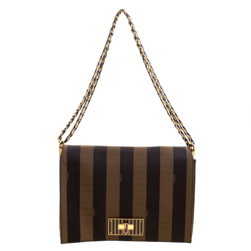Pre Owned Fendi Tobacco Canvas Large Pequin Stripe Claudia Shoulder Bag
