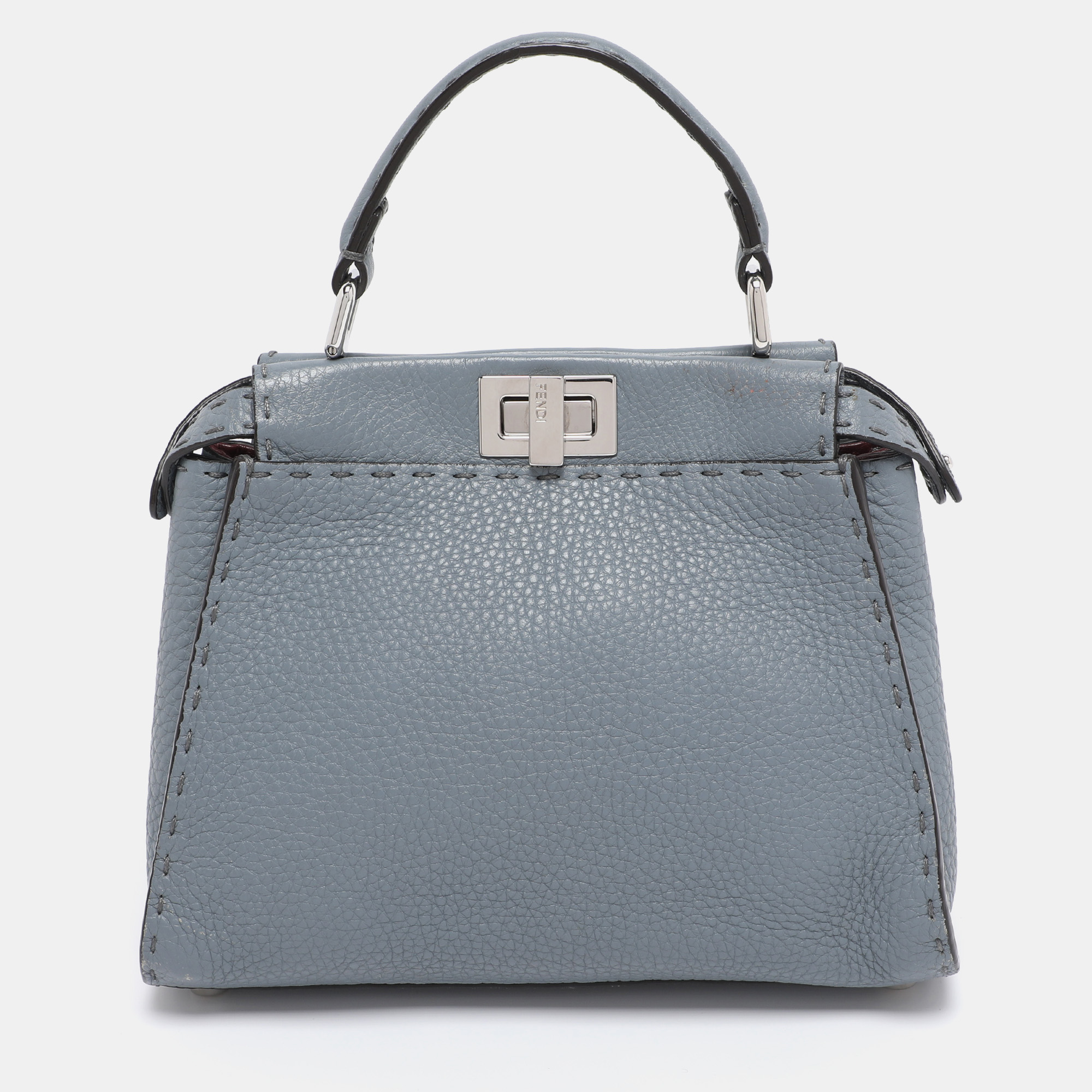 Pre-owned Fendi Blue Selleria Leather Mini Peekaboo Top Handle Bag
