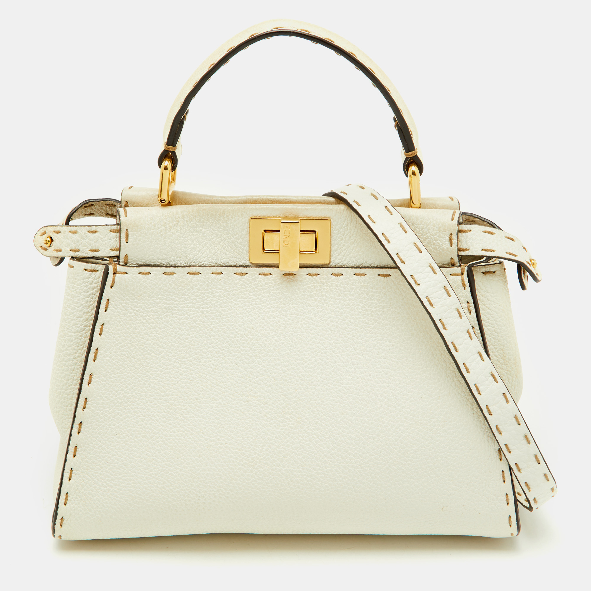 

Fendi Off White Selleria Leather Mini Peekaboo Top Handle Bag