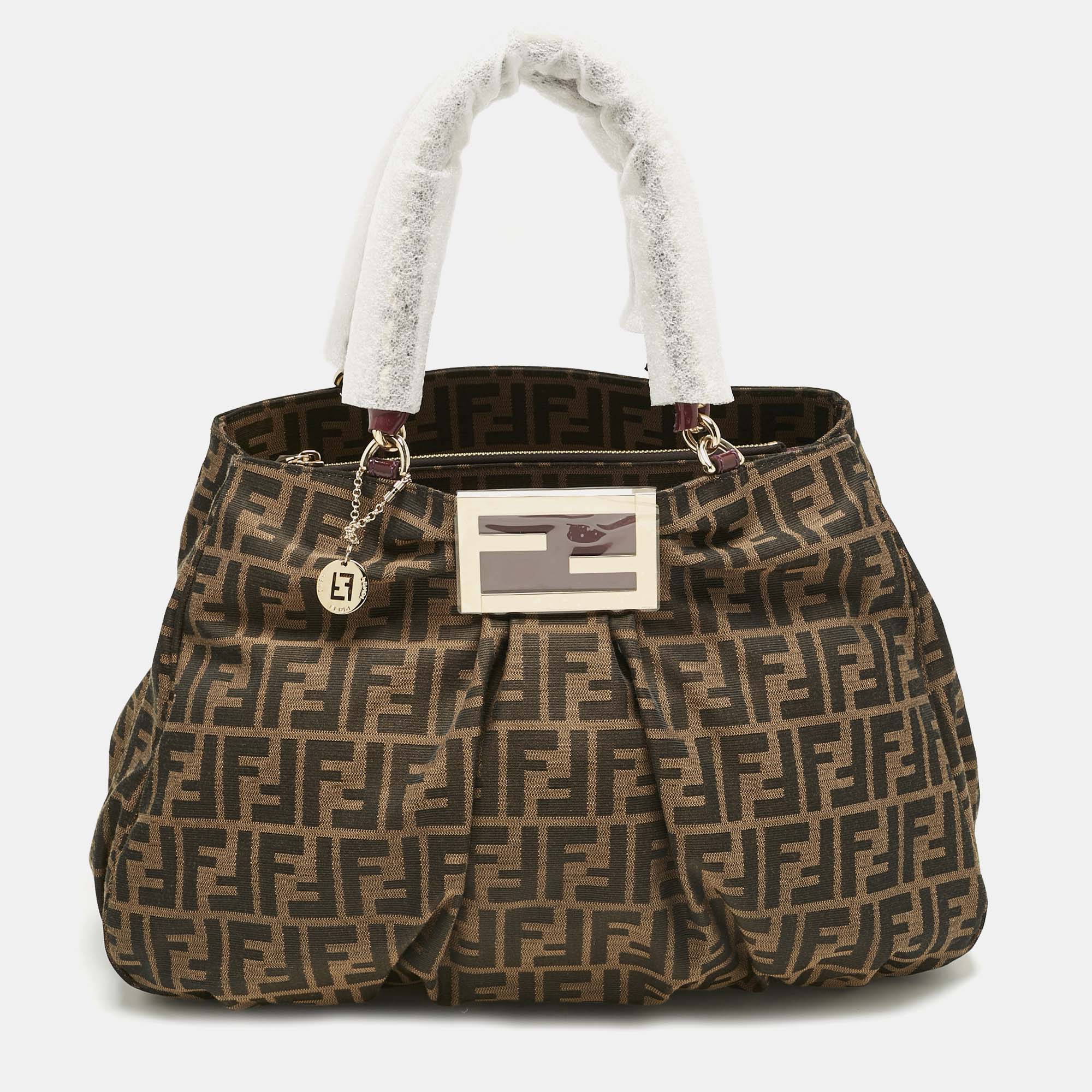 

Fendi Tobacco/Purple Zucca Canvas and Patent Leather Large Mia Shoulder Bag, Brown