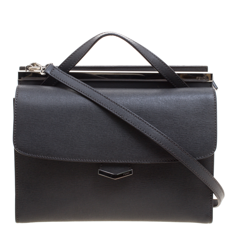 Pre Owned Fendi Grey Textured Leather Small Demi Jour Shoulder Bag