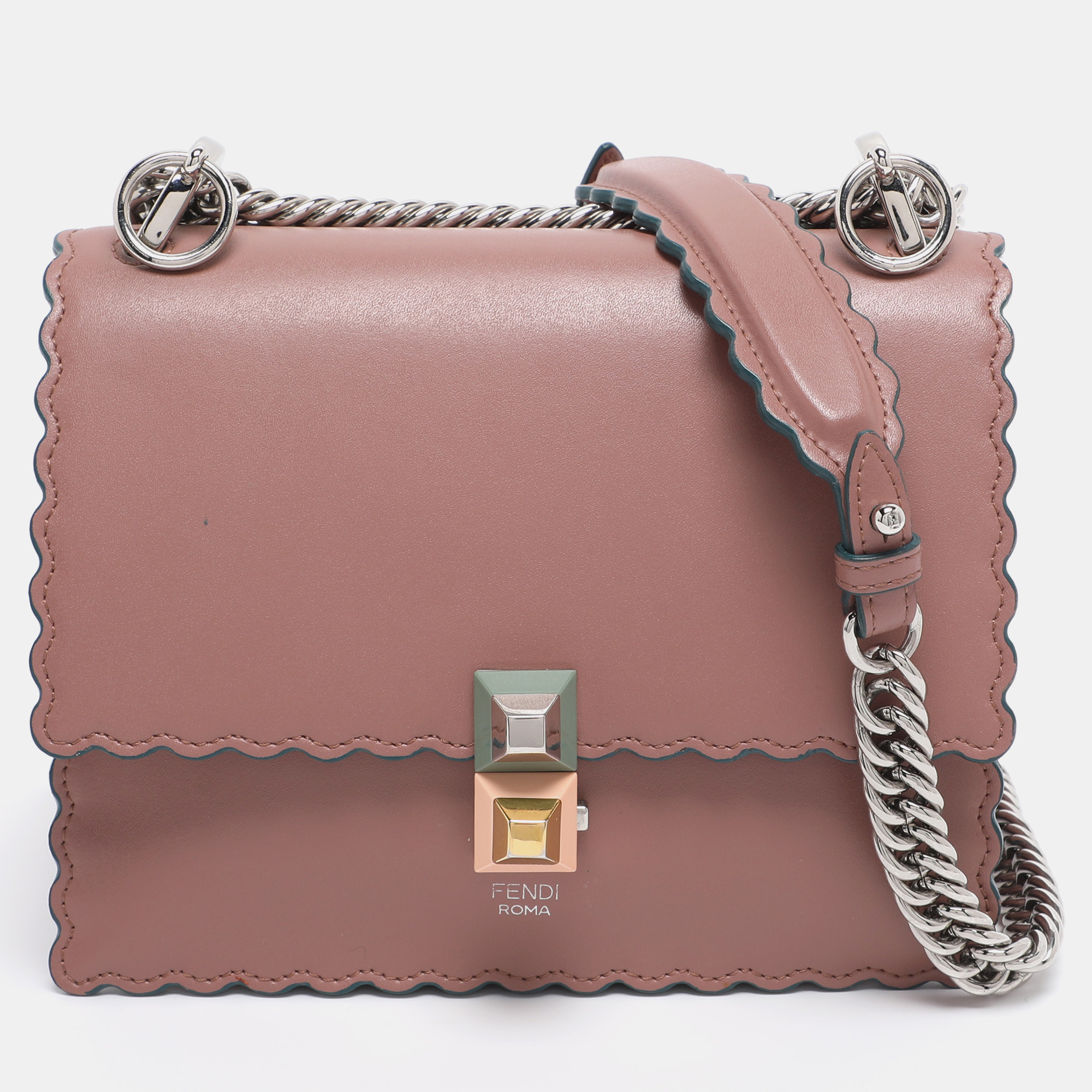 

Fendi Old Rose Leather Mini Scalloped Studded Kan I Shoulder Bag, Pink