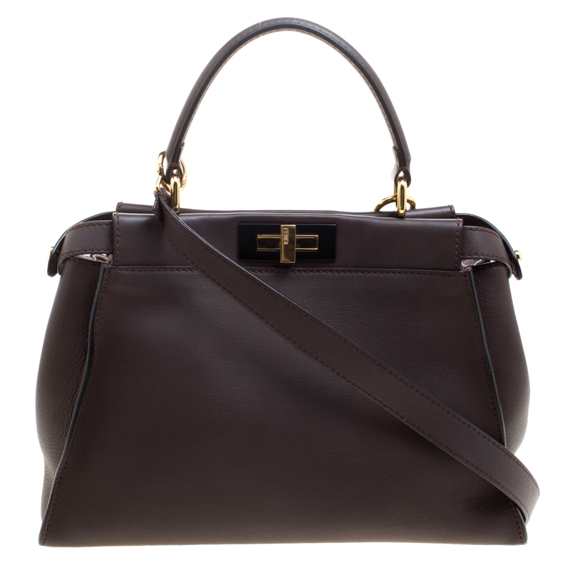 Fendi Dark Brown Leather Medium Peekaboo Top Handle Bag