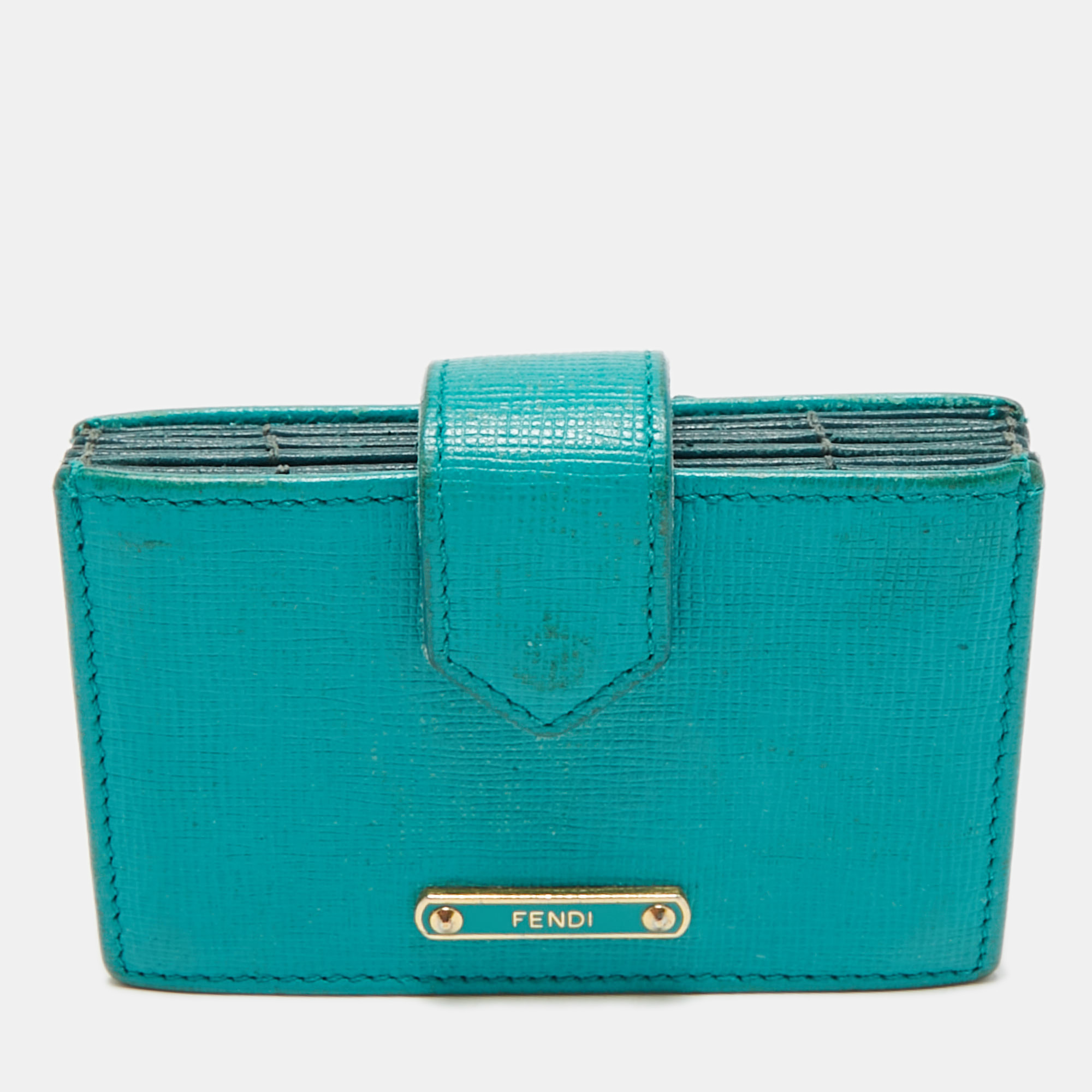 

Fendi Teal Blue Saffiano Leather Gusset Card Holder