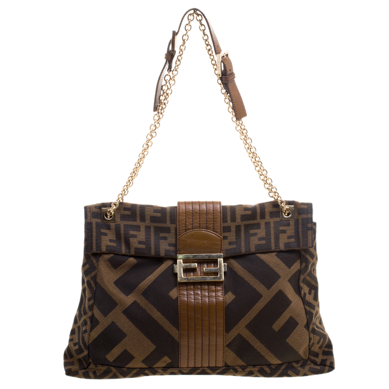 Fendi Tobacco Zucca Canvas Maxi Baguette Flap Shoulder Bag