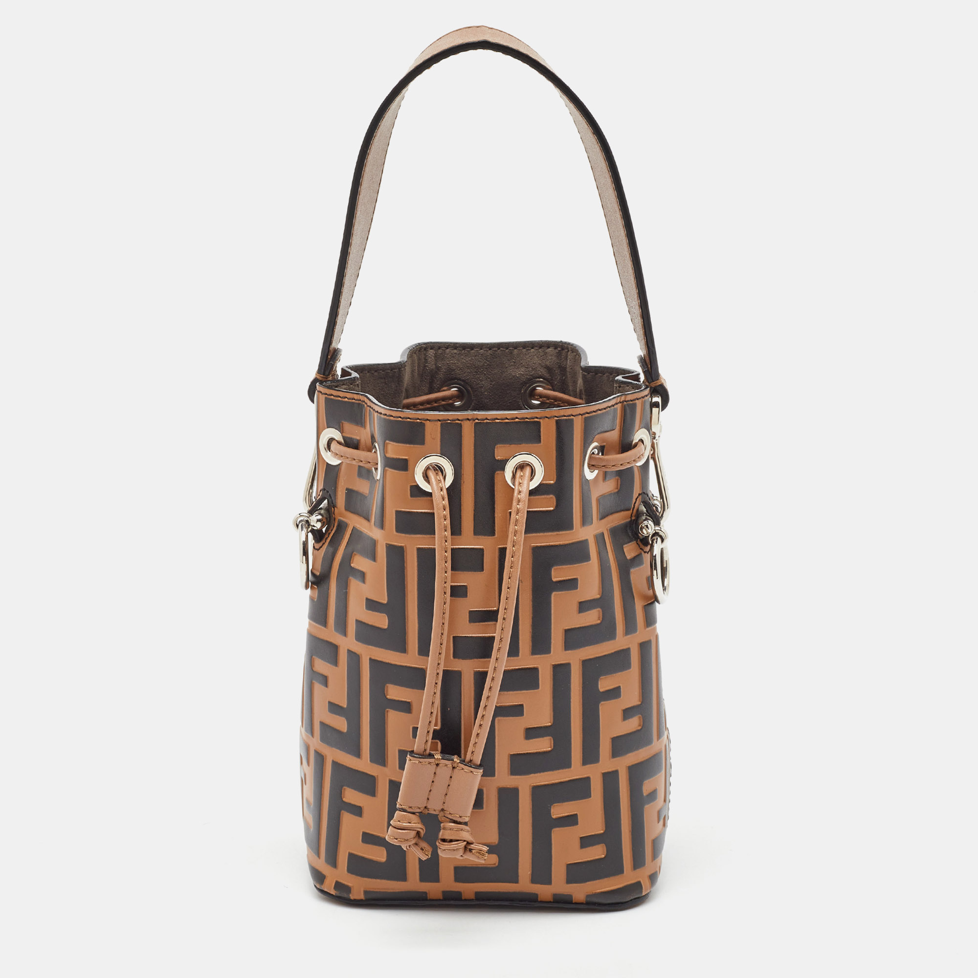 Pre-owned Fendi Brown/black Zucca Leather Mini Mon Tresor Drawstring Bucket Bag
