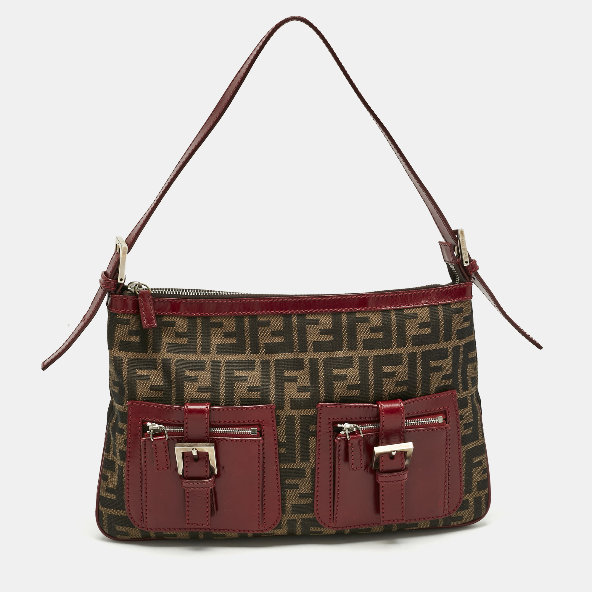 

Fendi Red/Tobacco Zucca Nylon and Leather Double Pocket Shoulder Bag