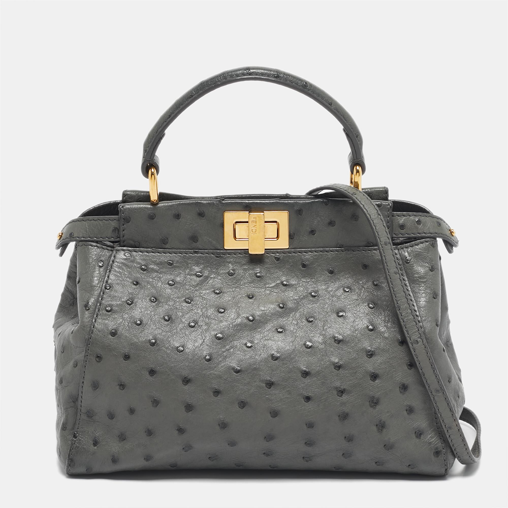 

Fendi Grey Ostrich Leather Mini Peekaboo Top Handle Bag
