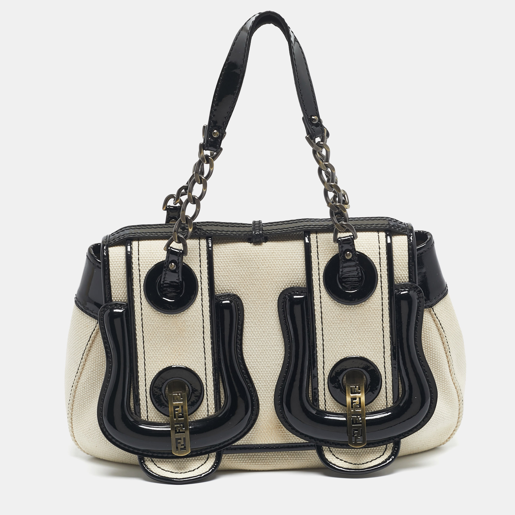 Pre-owned Fendi Black/off White Patent Leather And Canvas B Shoulder Bag