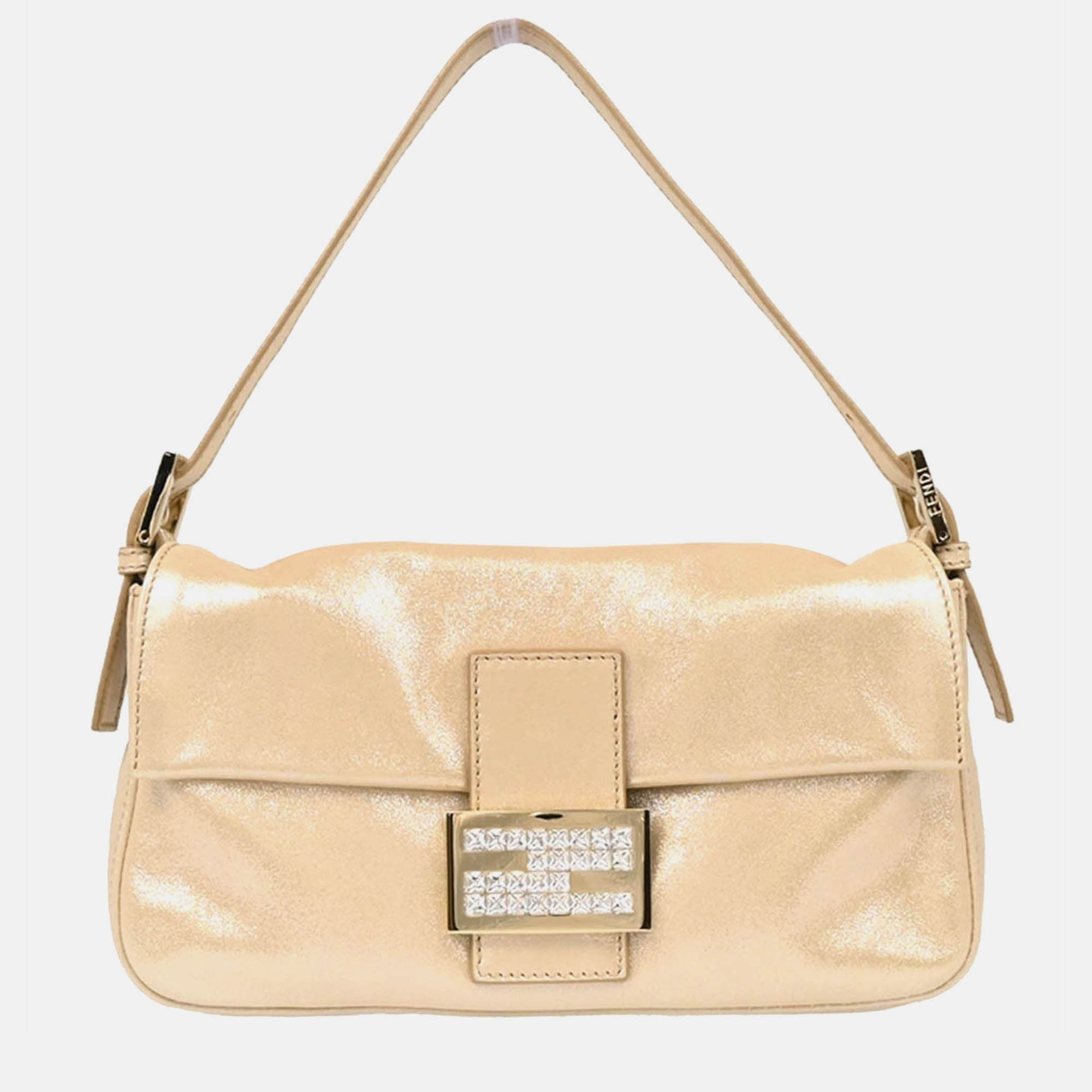 

Fendi Baguette Metallic Leather Handbag, White