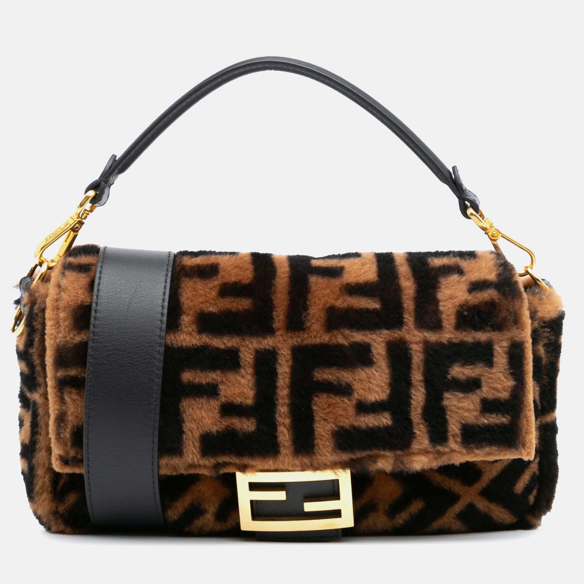 

Fendi Baguette Medium Brown Zucca Shearling Satchel Bag