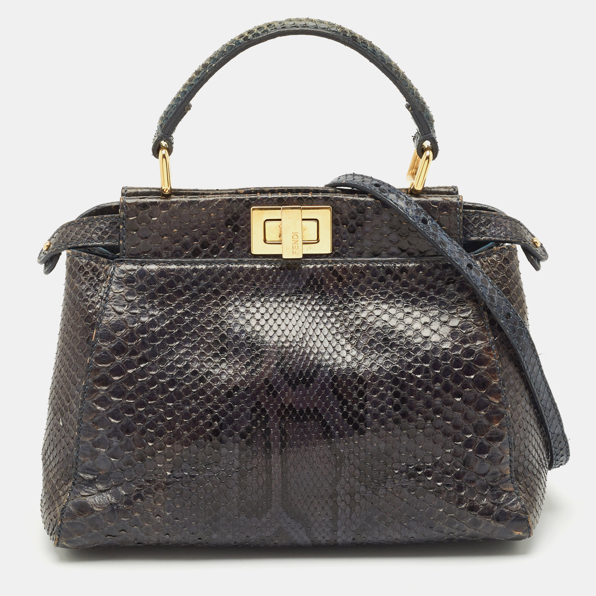 Pre-owned Fendi Teal Python Mini Peekaboo Top Handle Bag In Blue