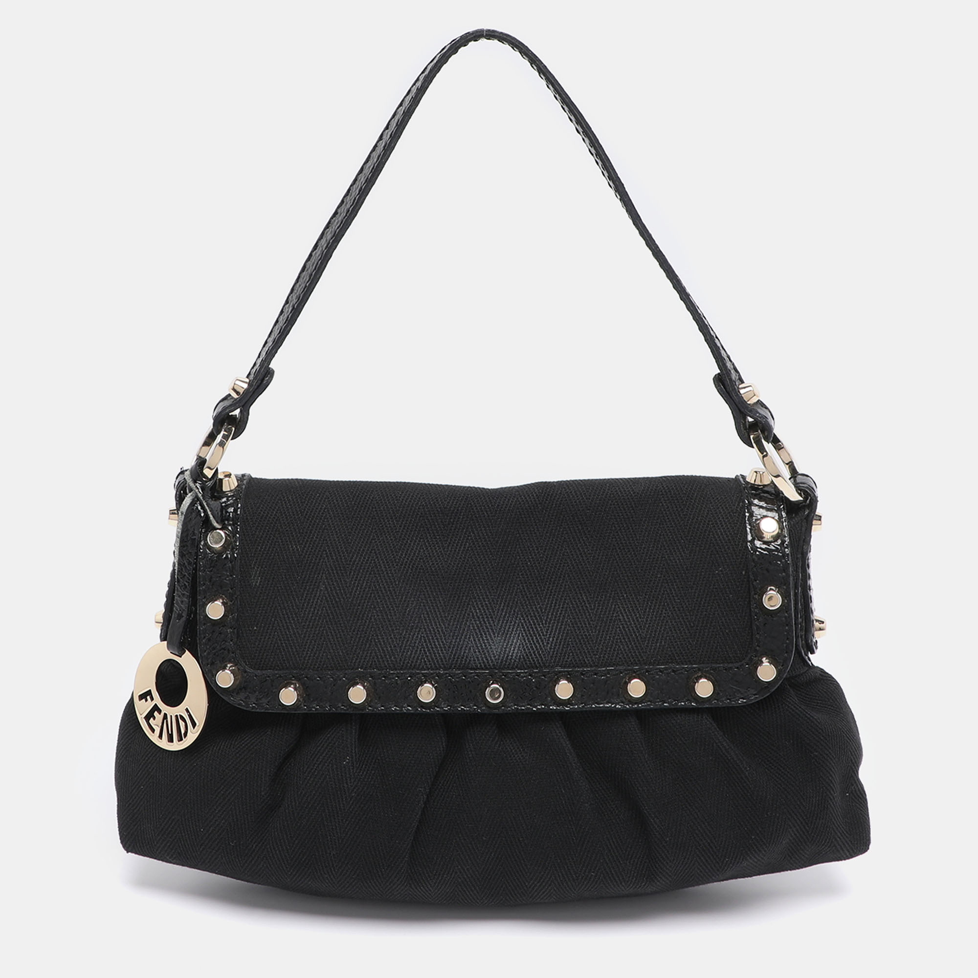 

Fendi Black Canvas and Patent Leather Small Studded Chef Shoulder Bag