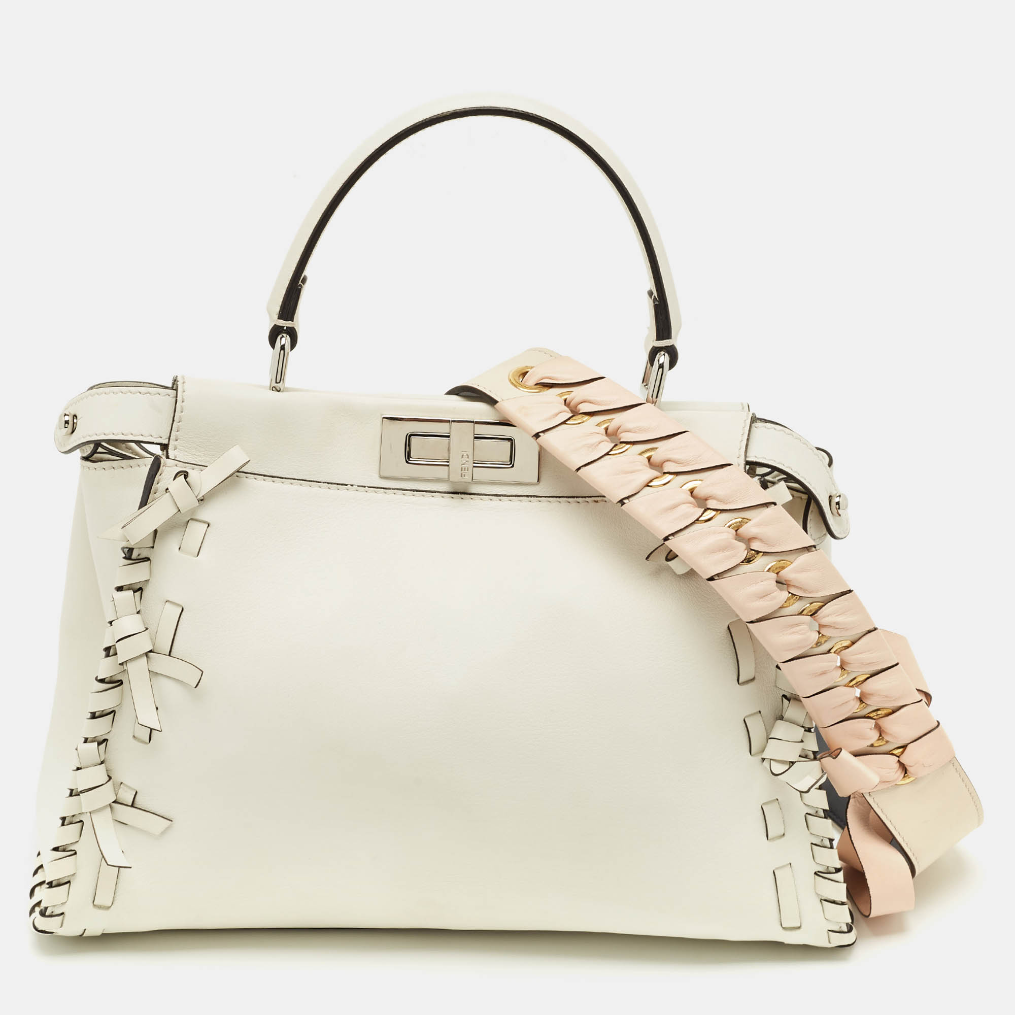 

Fendi White Leather Whipstitch Medium Peekaboo Top Handle Bag