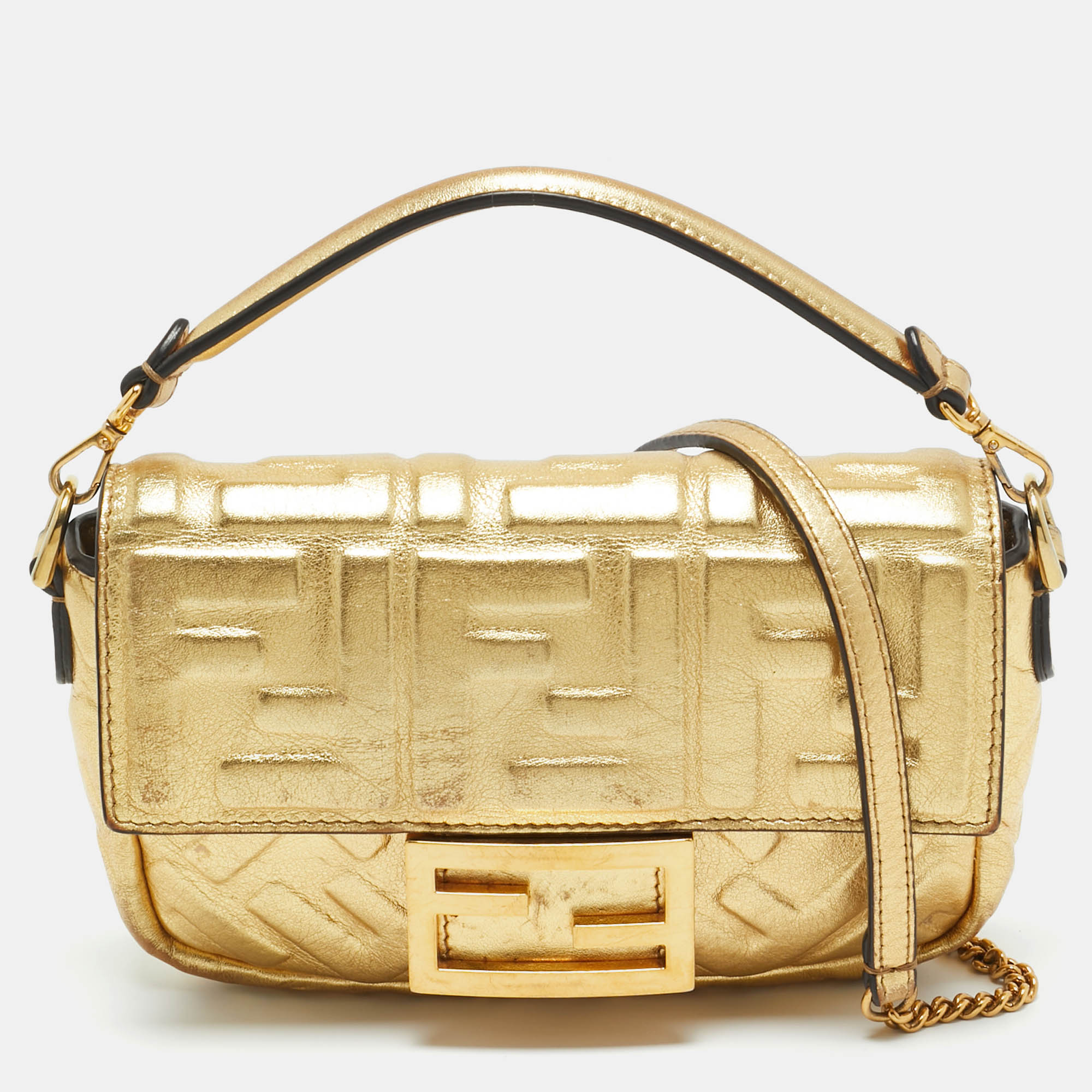 

Fendi Gold Zucca Embossed Leather Mini Baguette Chain Bag