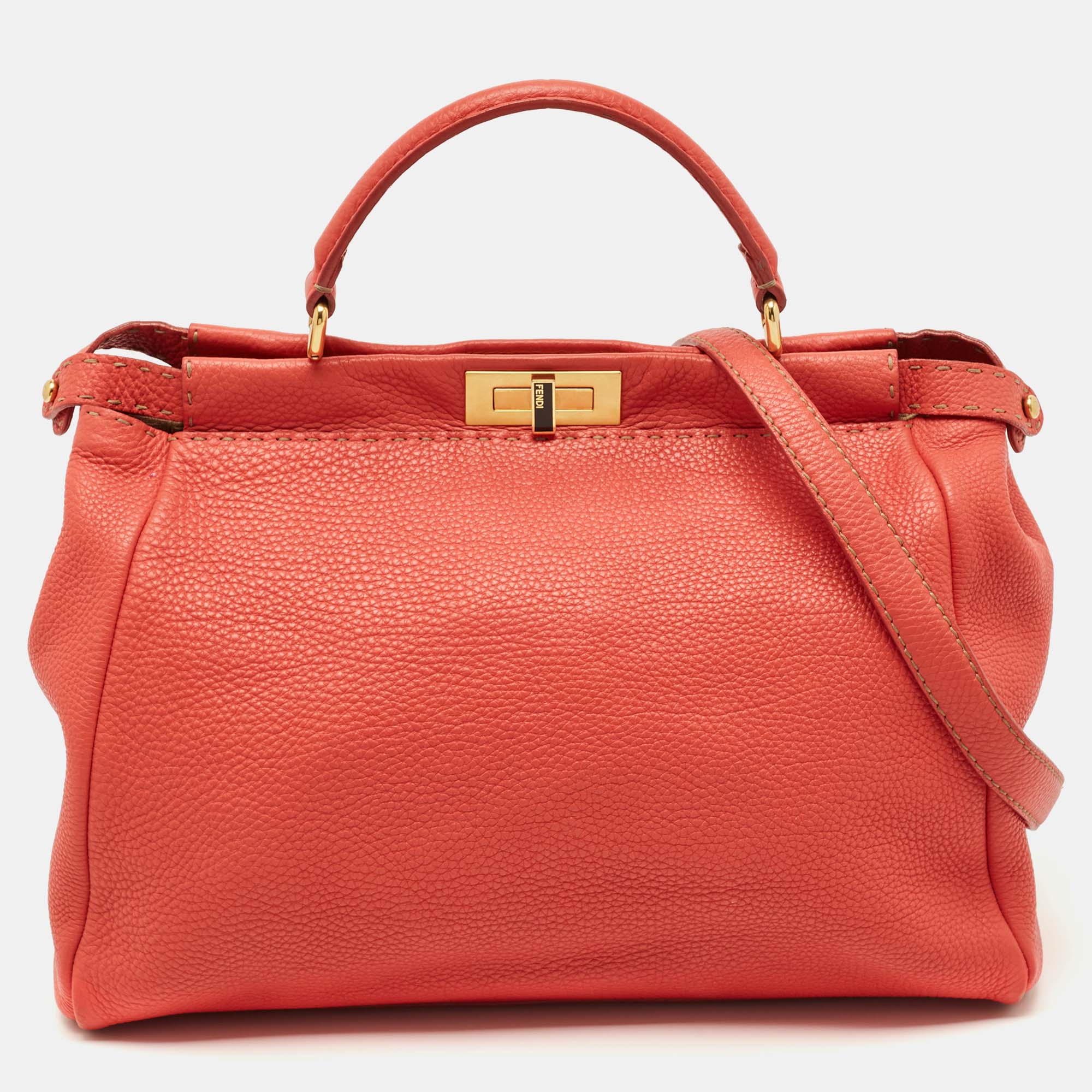 

Fendi Coral Orange Selleria Leather  Peekaboo Tote