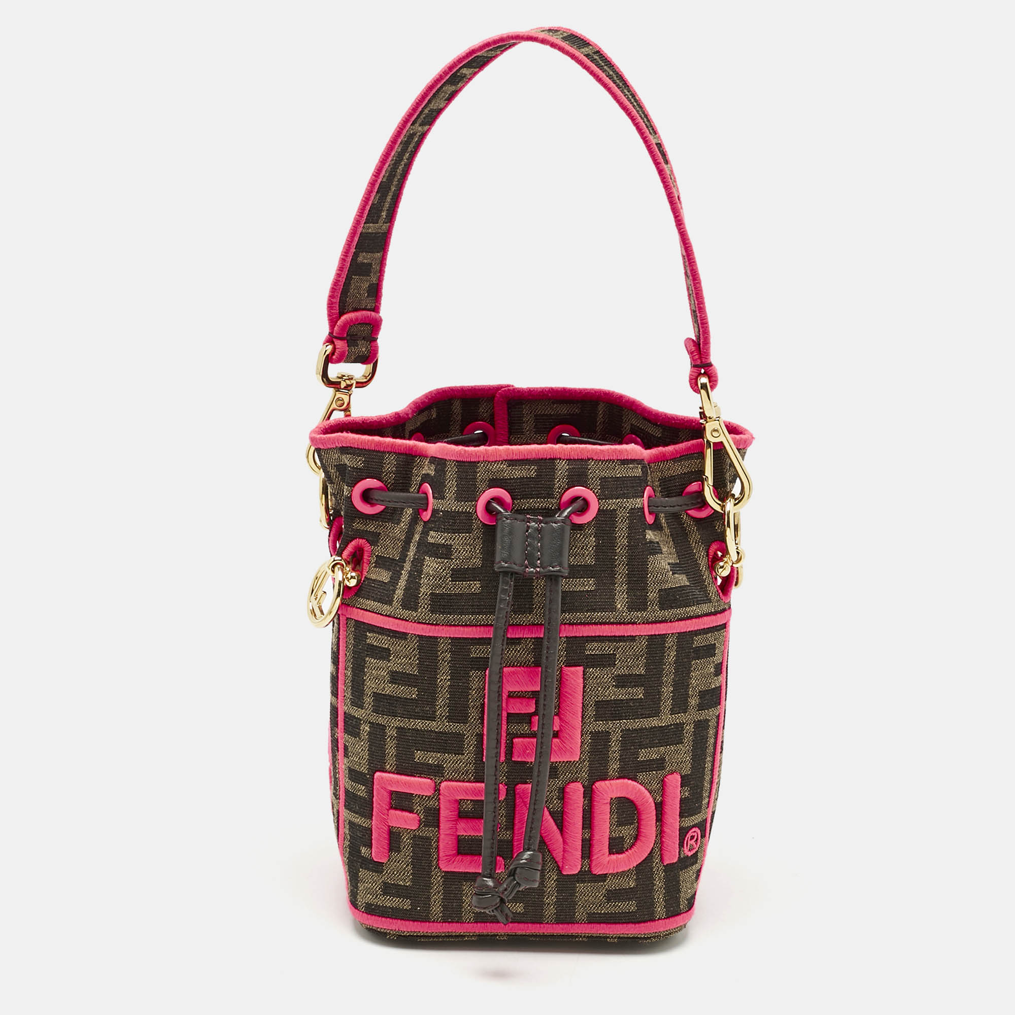 

Fendi Neon Pink/Tobacco FF Canvas Mini Mon Tresor Drawstring Bucket Bag