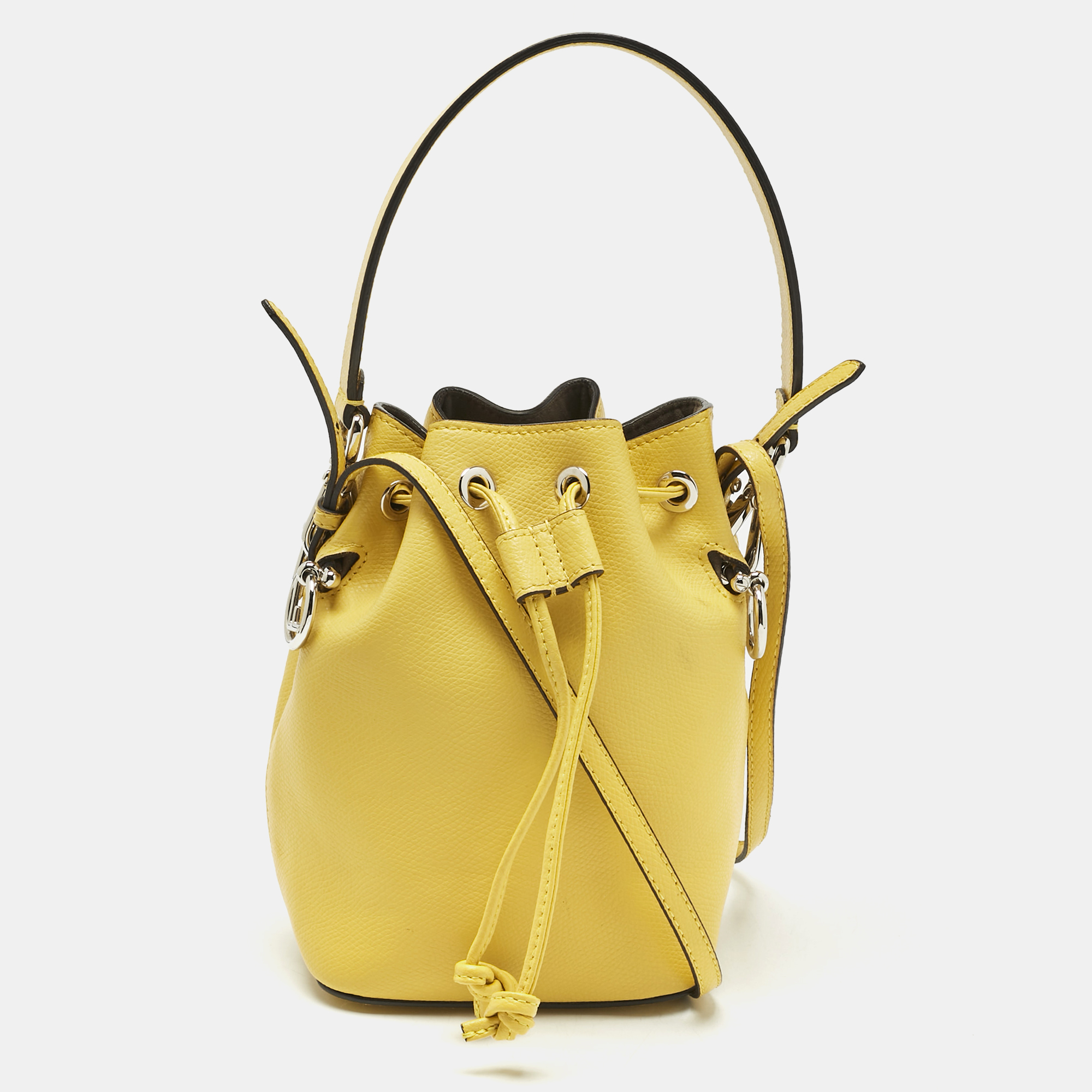 

Fendi Yellow Leather Mini Mon Tresor Drawstring Bucket Bag