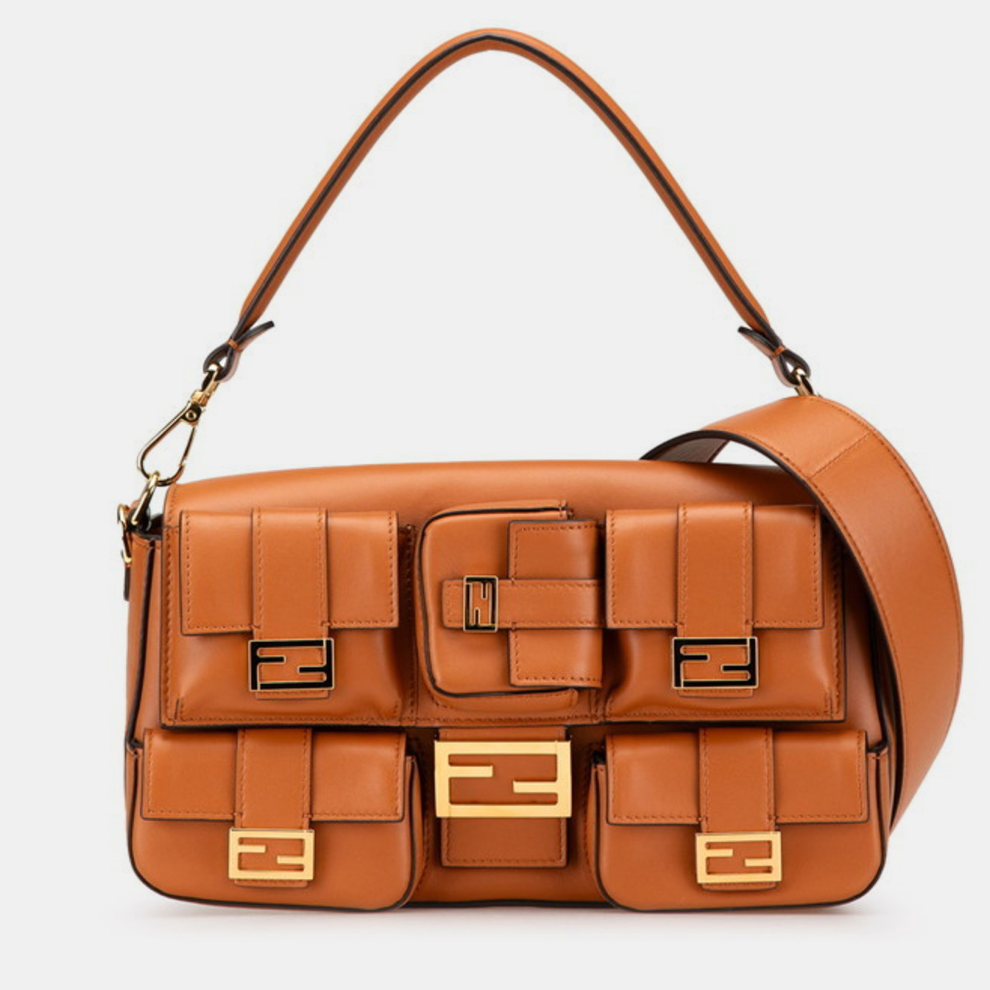 

Fendi Multi-Pocket Brown Leather Baguette 2Way Shoulder Handbag