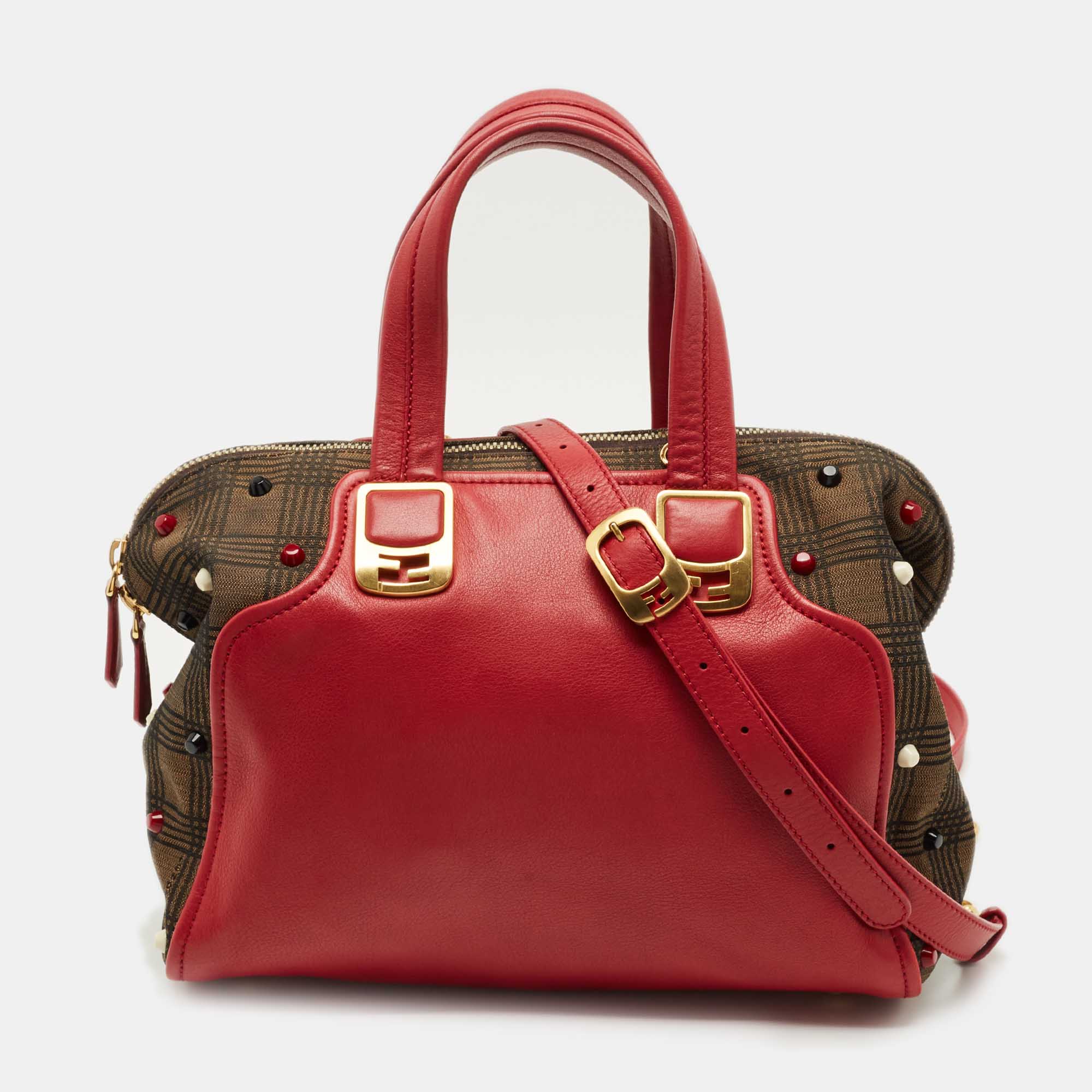 

Fendi Red/Tobacco Leather and Fabric  Studded Chameleon Satchel