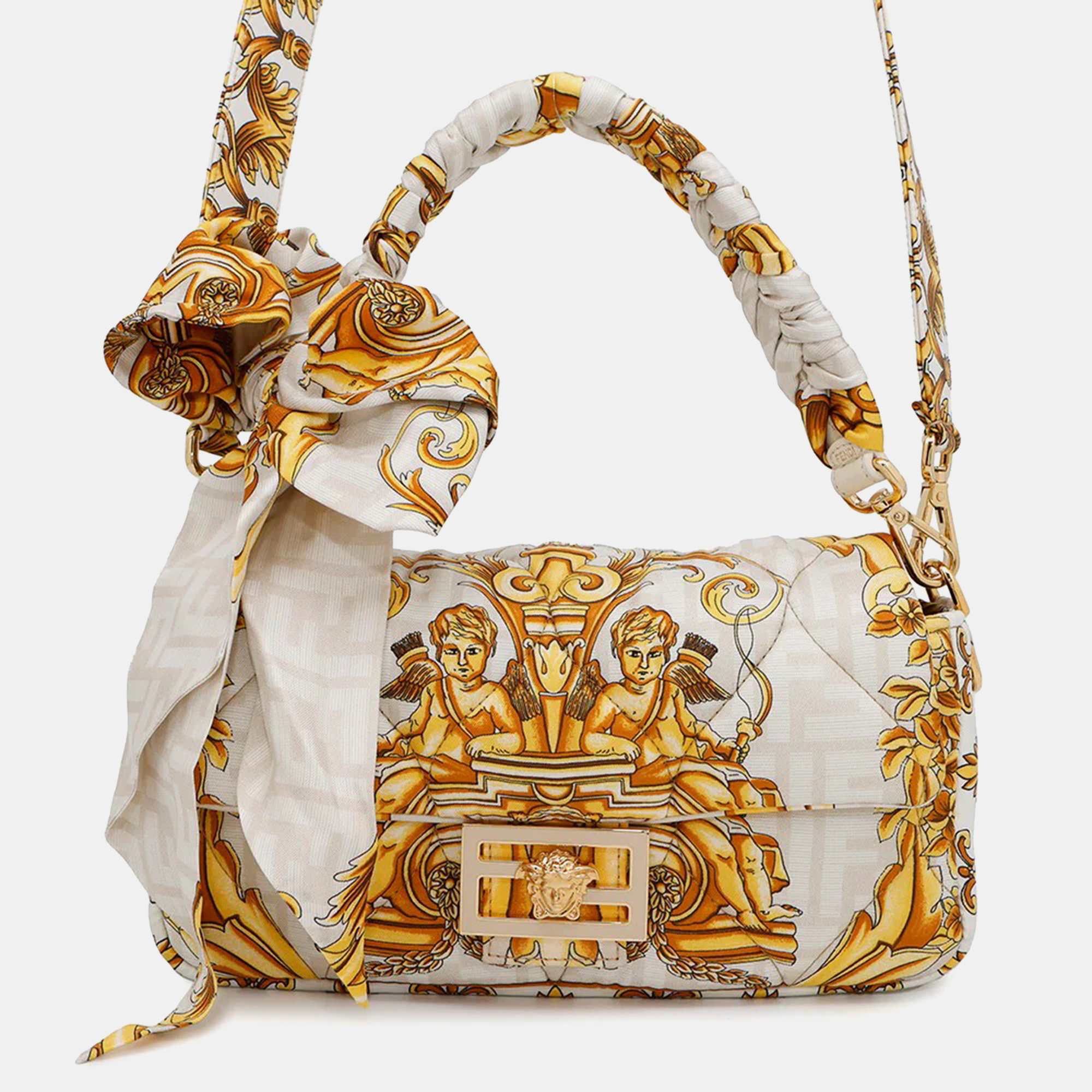 Pre-owned Fendi Fendace Ivory/yellow Nylon Mamma Bucket In White