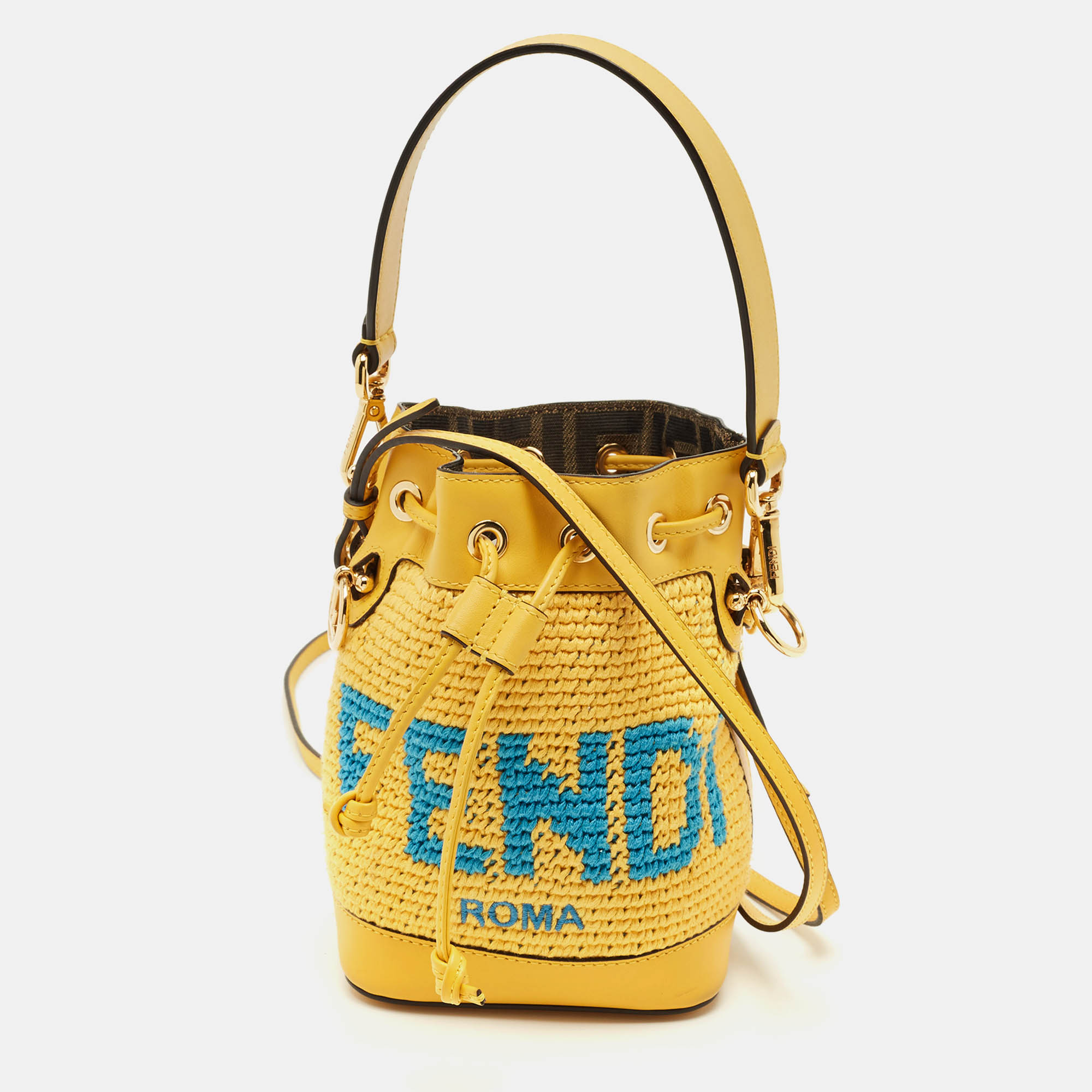 

Fendi Yellow Crochet and Leather Mini Mon Tresor Bucket Bag