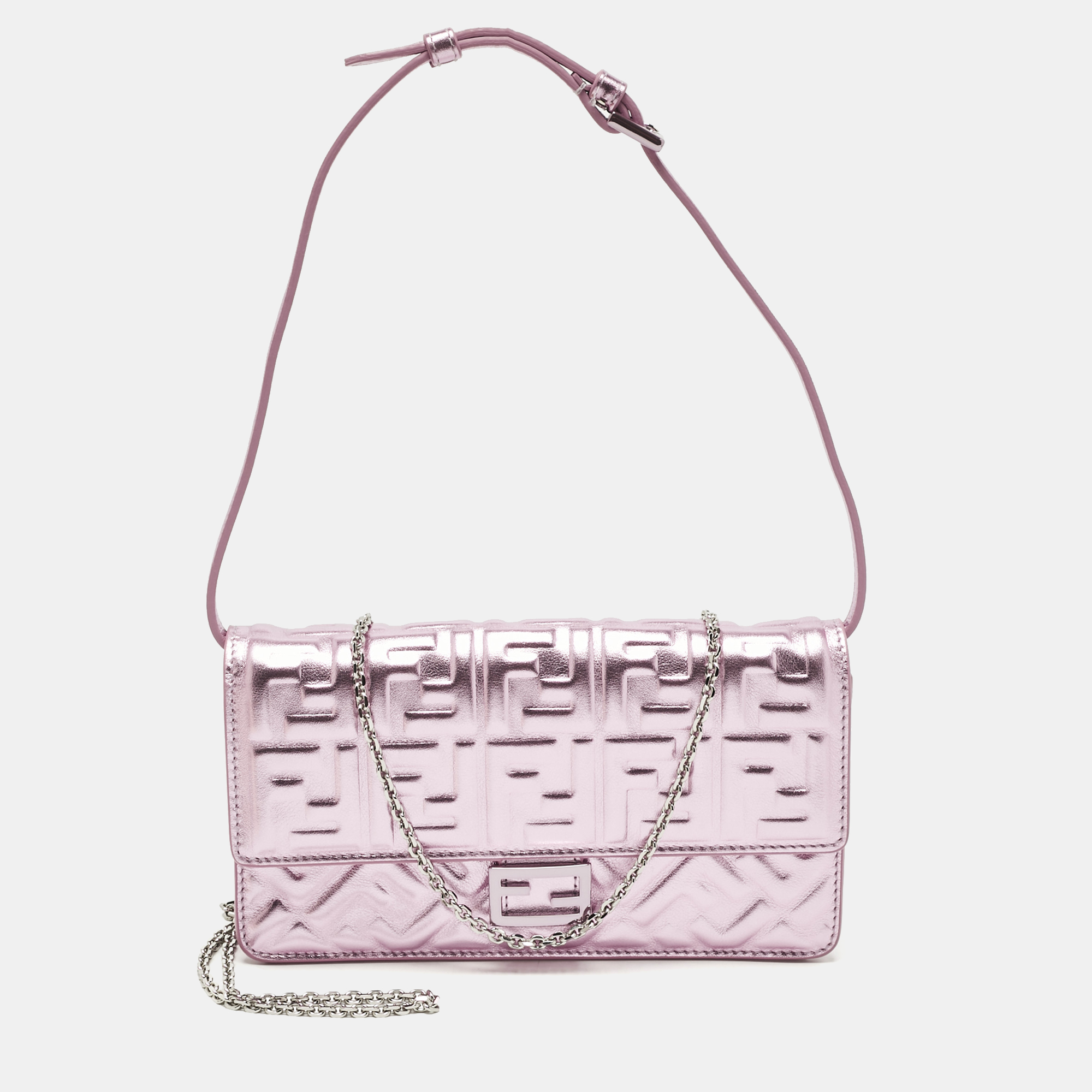 

Fendi Metallic Pink Zucca Embossed Leather Baguette Wallet on Chain