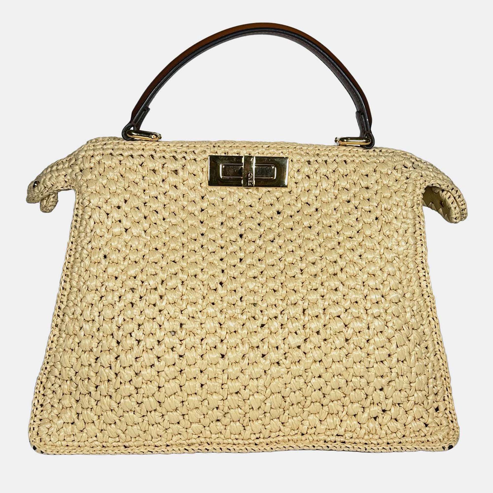 

Fendi Woven Raffia Palm Medium ISeeU Peekaboo, Beige