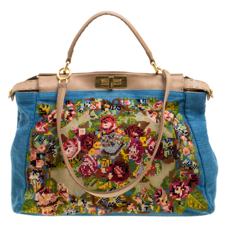 Pre Owned Fendi Blue/Beige Fabric Large Cross Stitch Peekaboo Bag