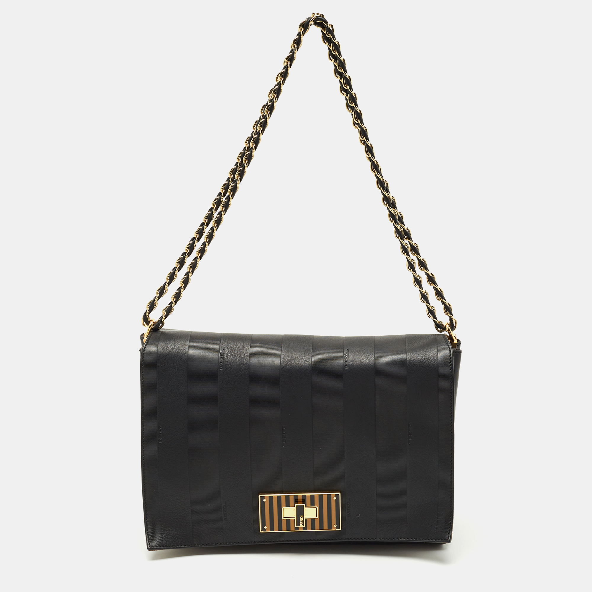 

Fendi Black Stripe Embossed Leather Large Claudia Shoulder Bag