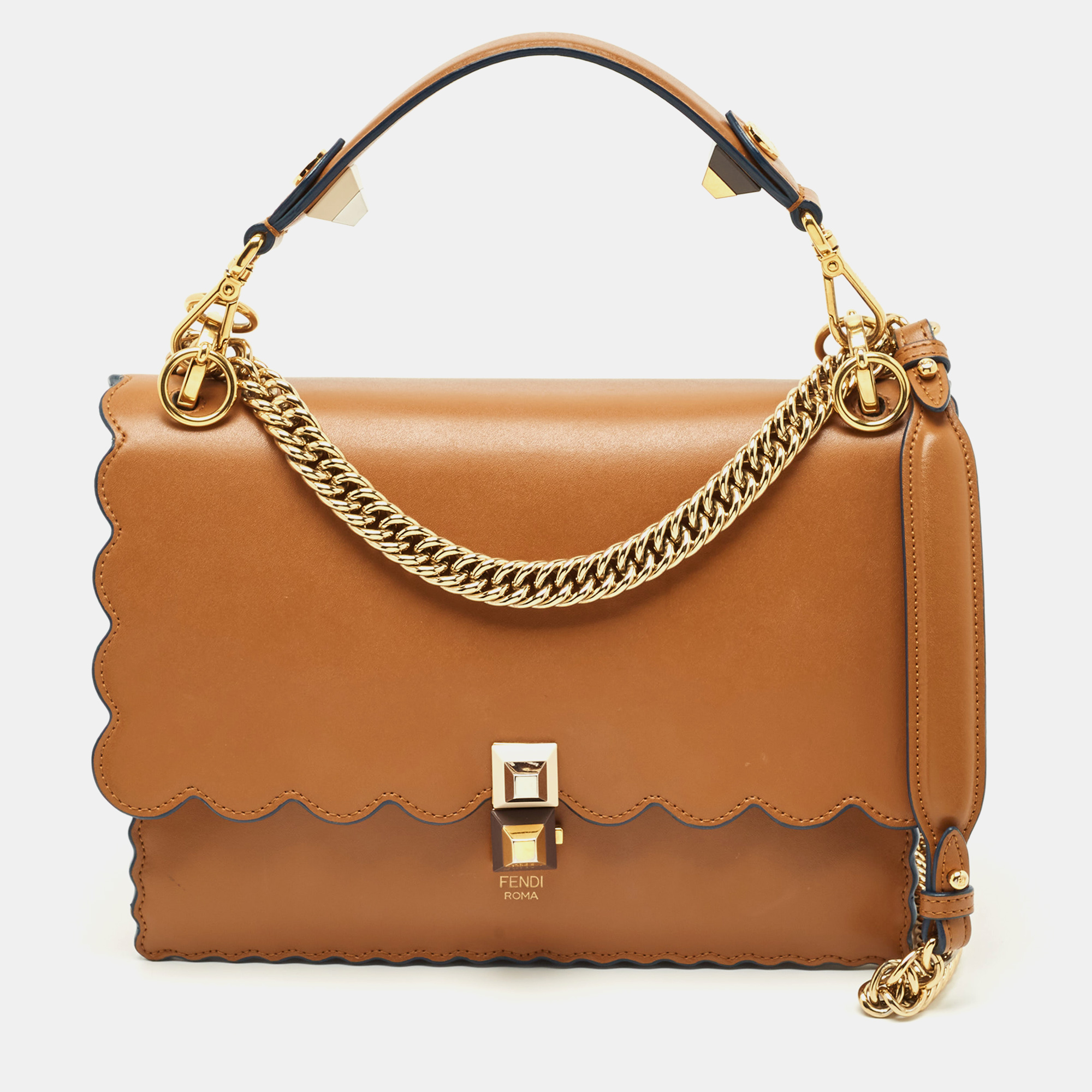 

Fendi Brown Leather  Scalloped Kan I Shoulder Bag