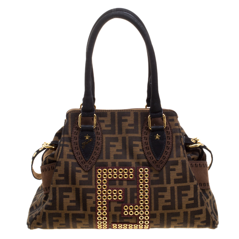 Pre Owned Fendi Brown Zucca Canvas Eyelet Embellished Chef De Jour Bag