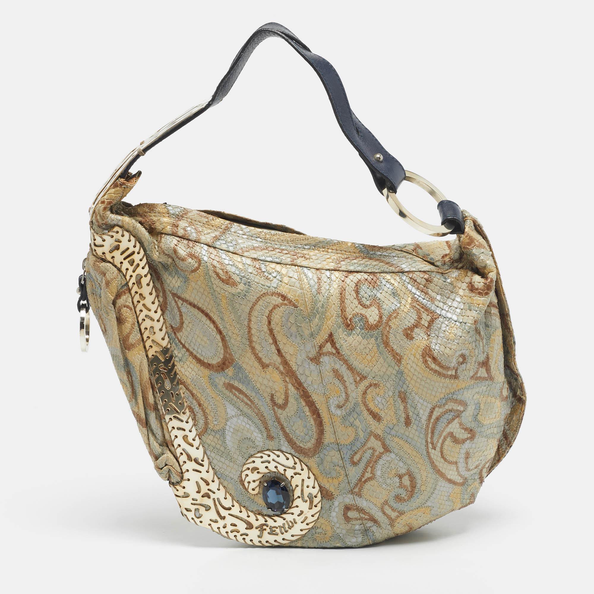 

Fendi Gold/Blue Python and Leather Embellished Oyster Hobo