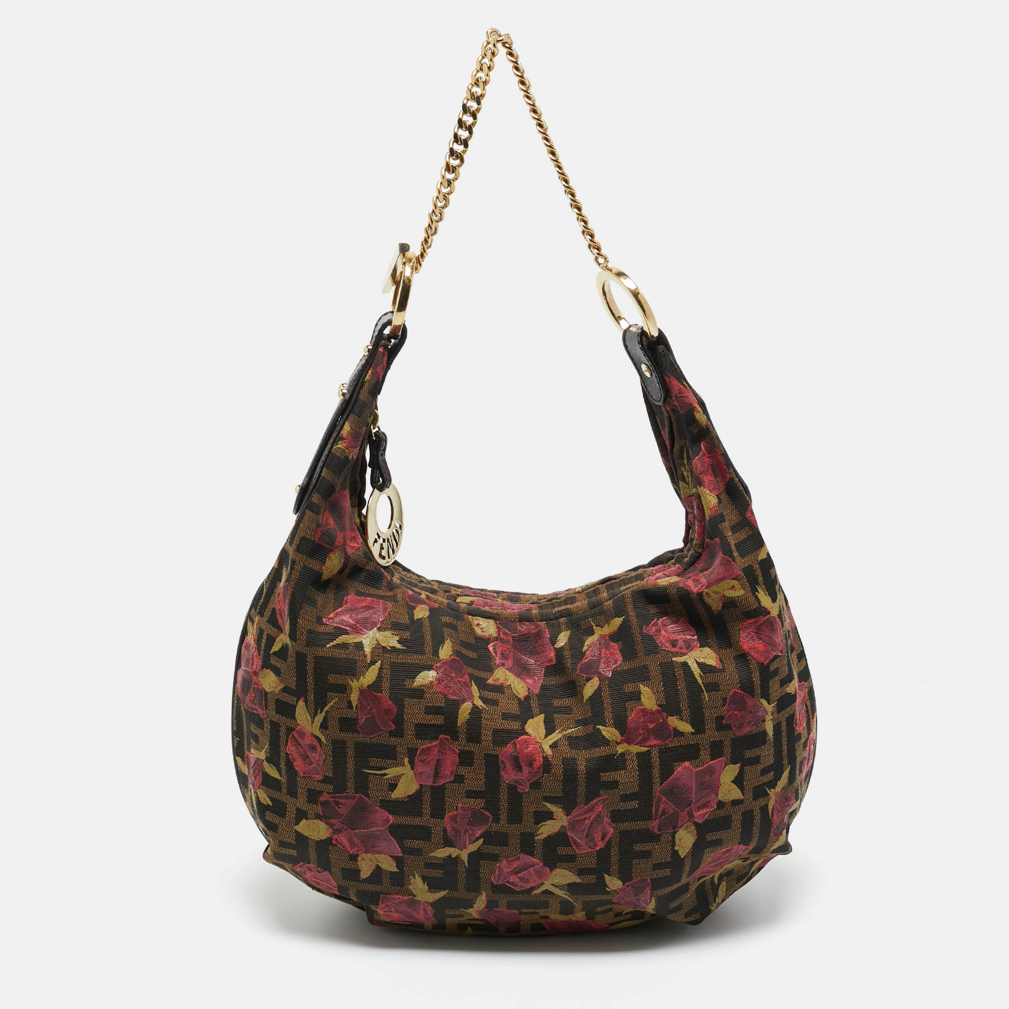 

Fendi Tobacco/Red Zucca Canvas and Leather Rose Print Chef Chain Hobo, Brown