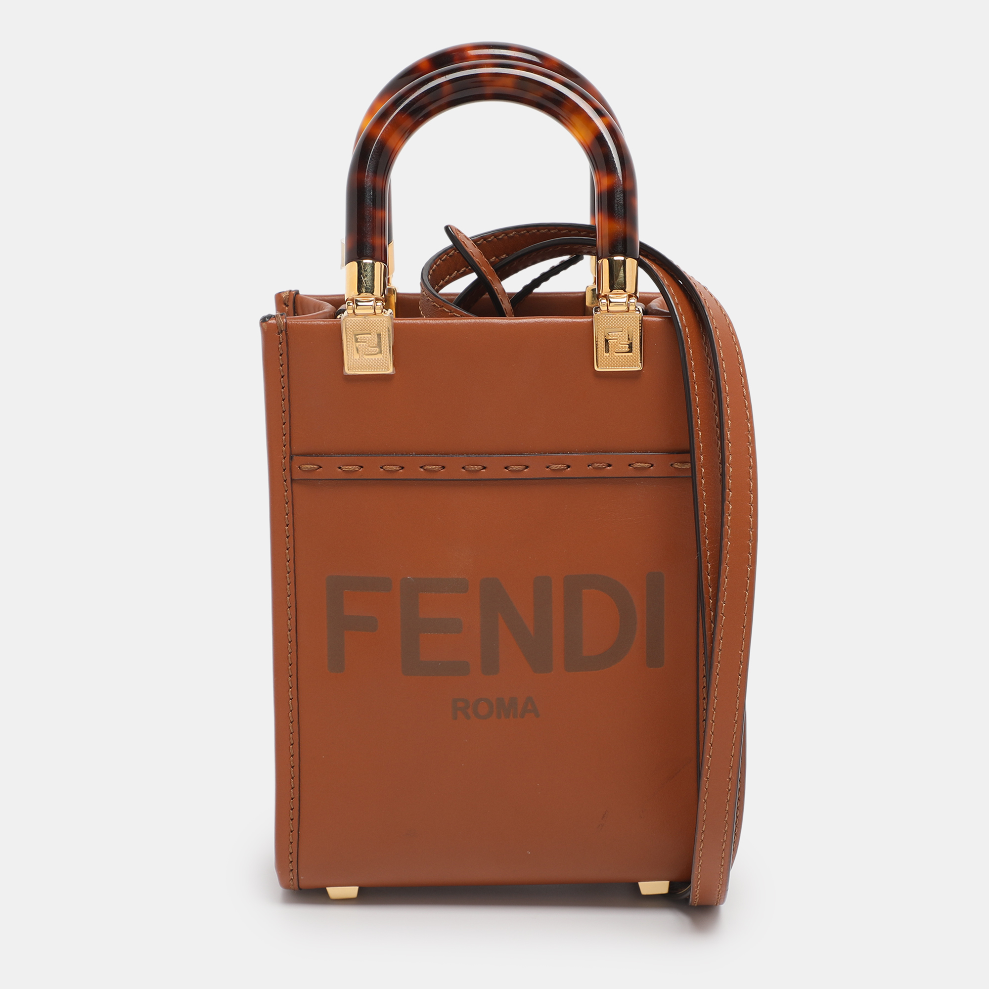 Pre-owned Fendi Brown Leather Sunshine Mini Tote