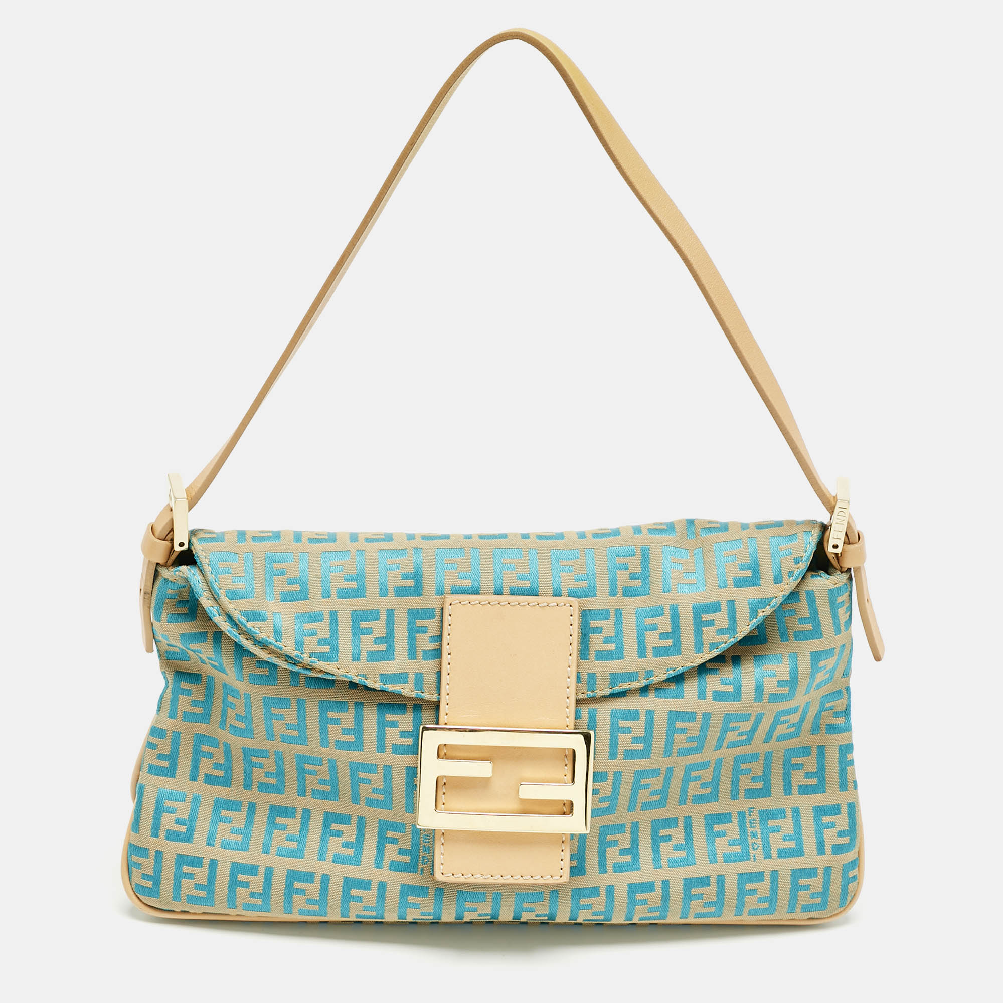 Pre-owned Fendi Metallic Blue/beige Zucchino Canvas Double Flap Baguette Bag