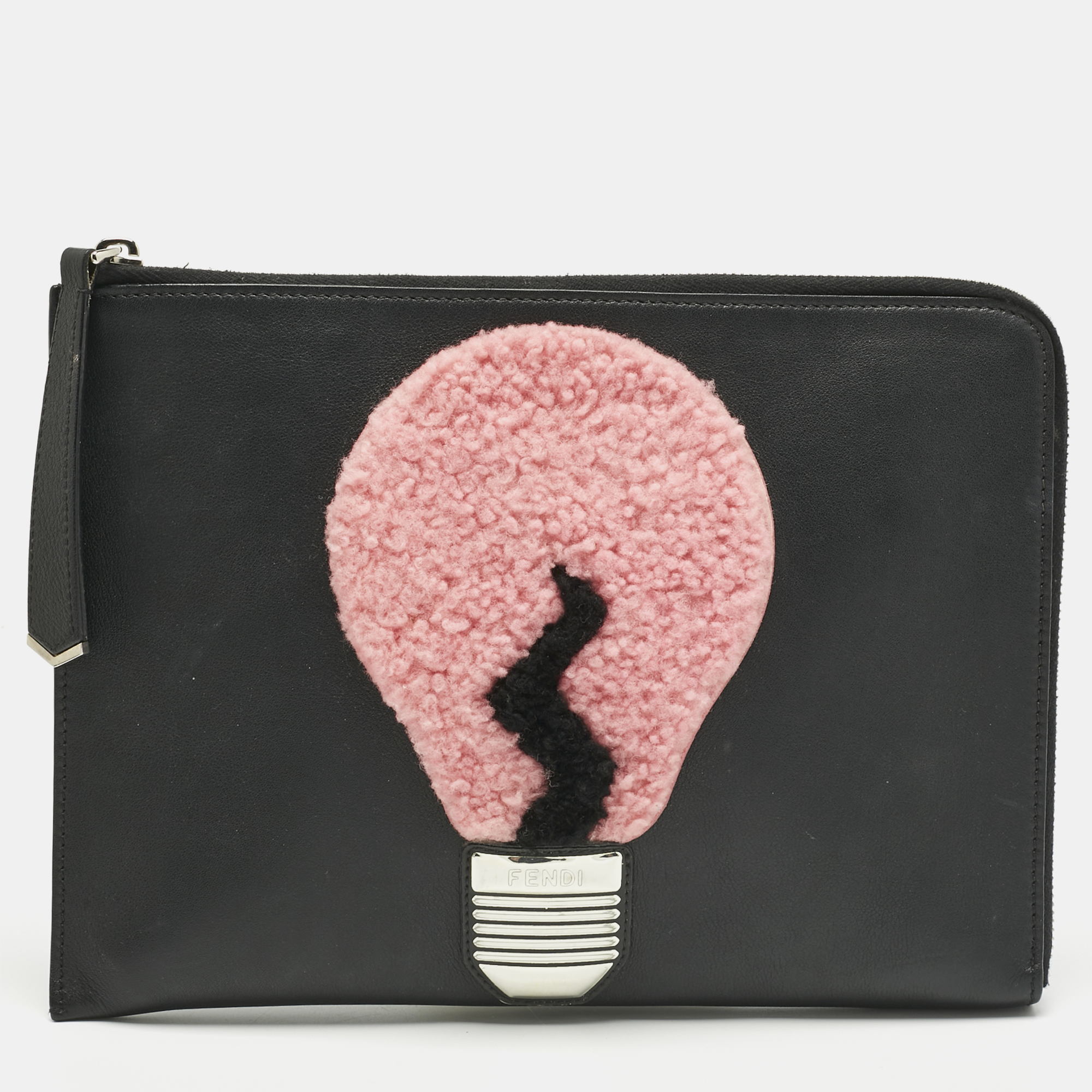 

Fendi Black Leather and Shearling Fur FF Fflynn Zip Clutch