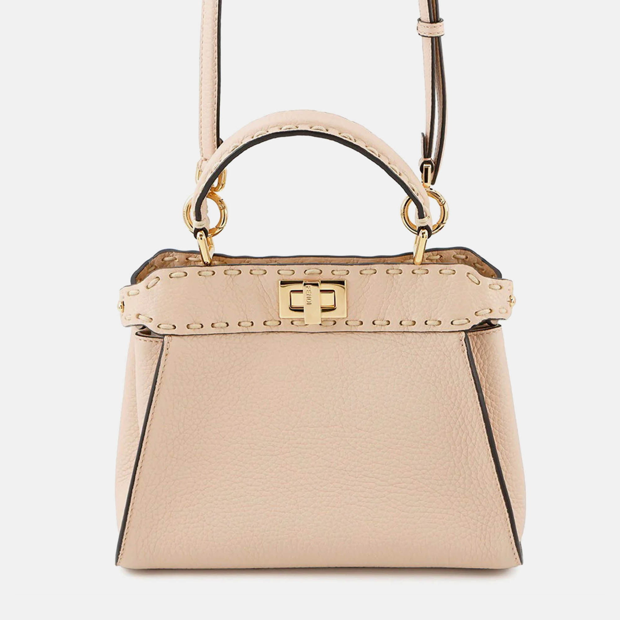 Pre-owned Fendi Peekaboo Selleria Jasmin Flower Leather Mini Handbag In Sand