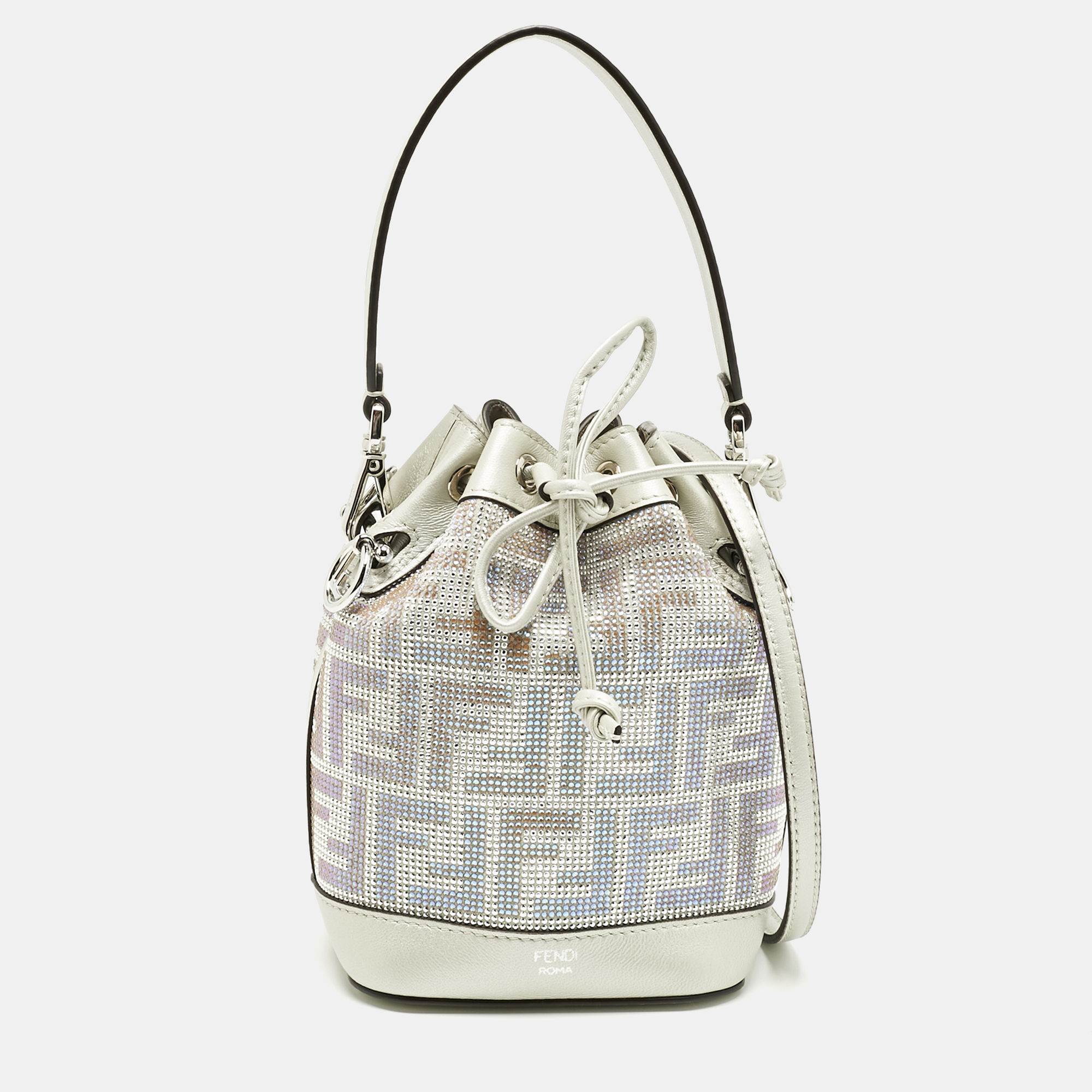 

Fendi Grey FF Leather Crystal Mini Mon Tresor Drawstring Bucket Bag
