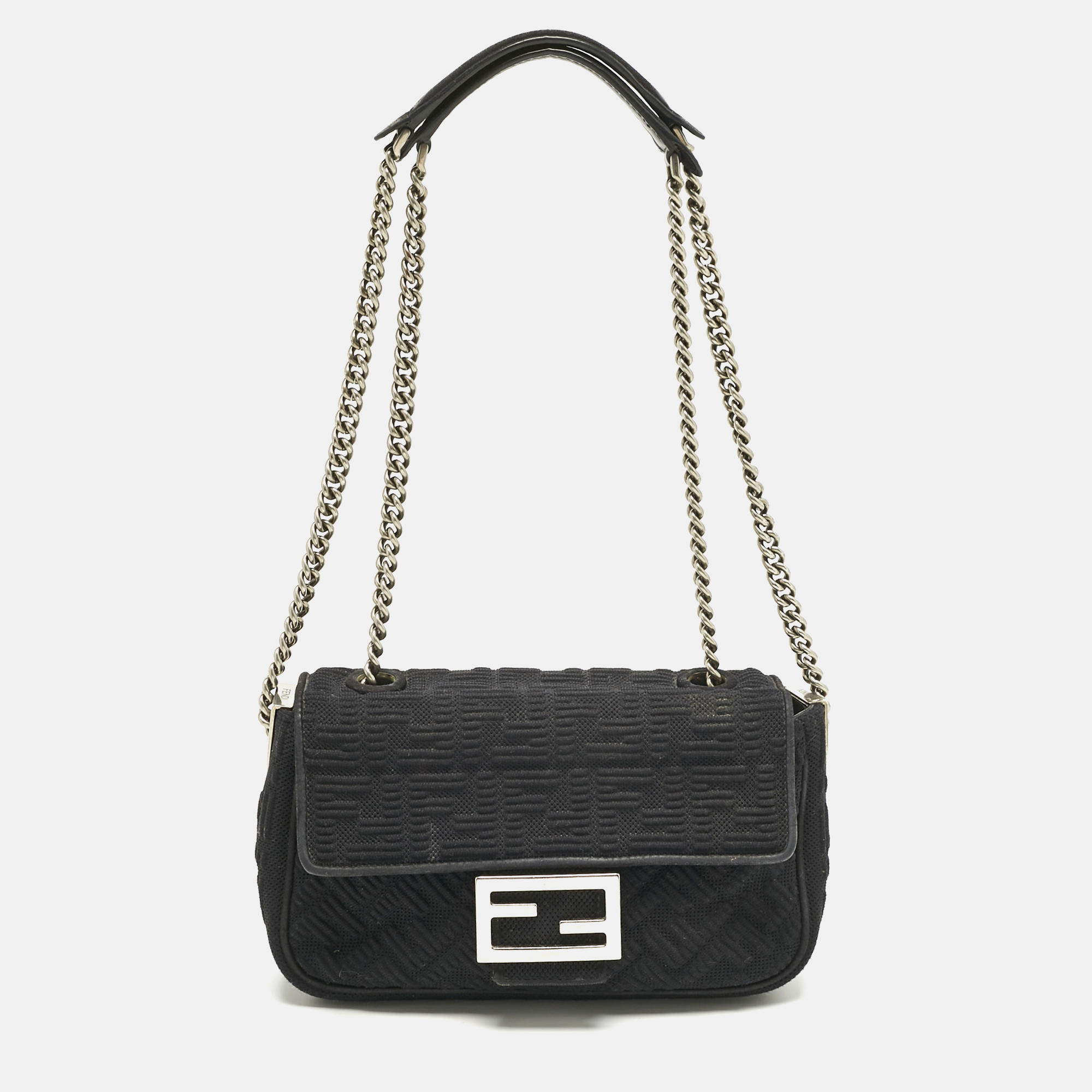 

Fendi Black Zucca Embossed Fabric Mini Baguette Chain Crossbody Bag