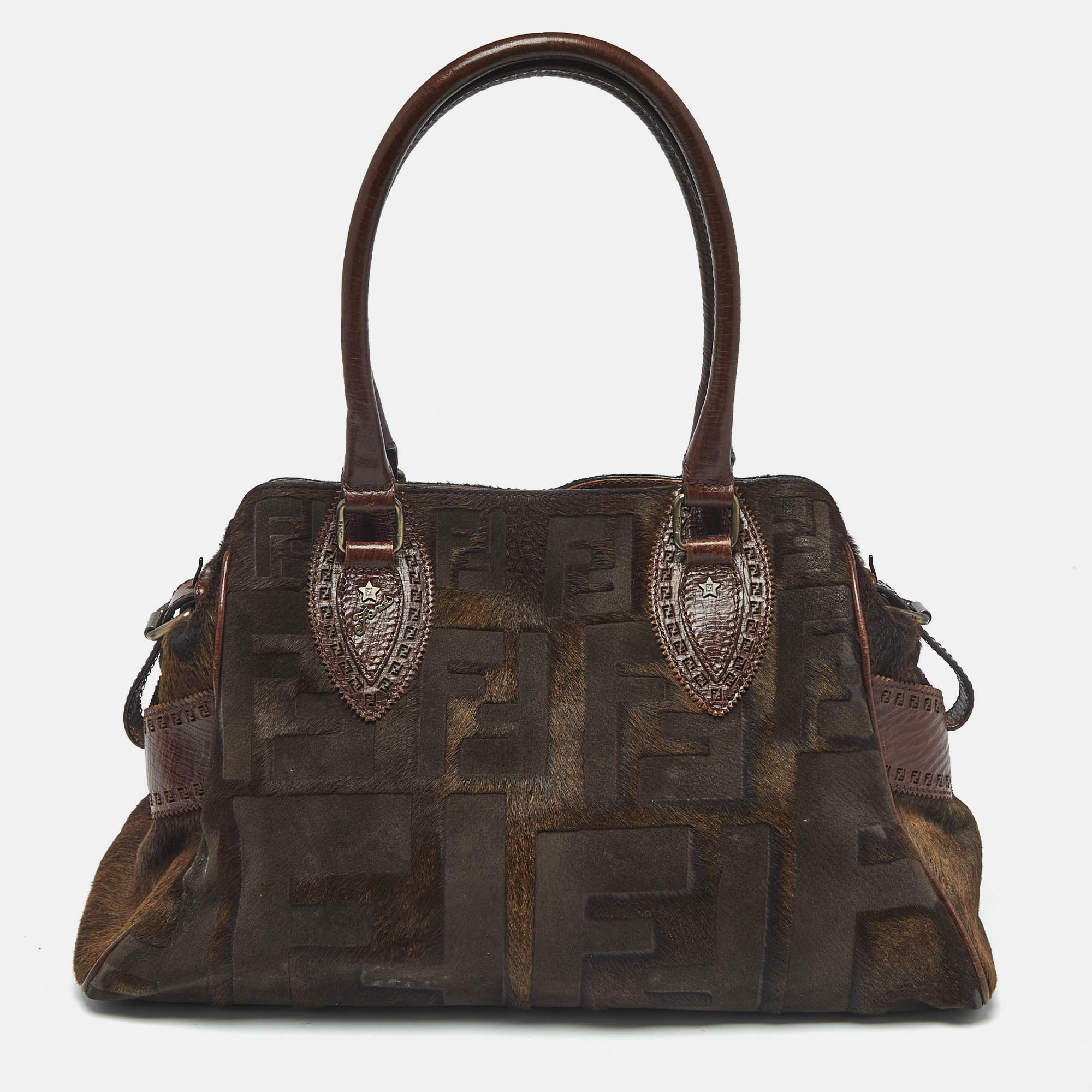 

Fendi Dark Brown FF Calf Hair and Leather  Du Jour Satchel
