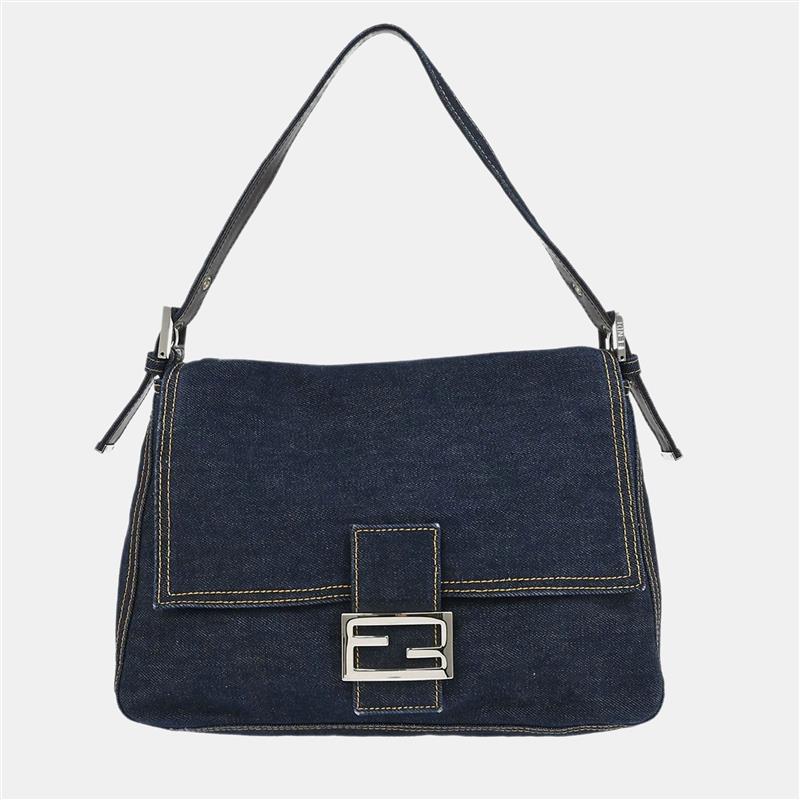 Pre-owned Fendi Navy Denim Mamma Baguette Handbag In Blue