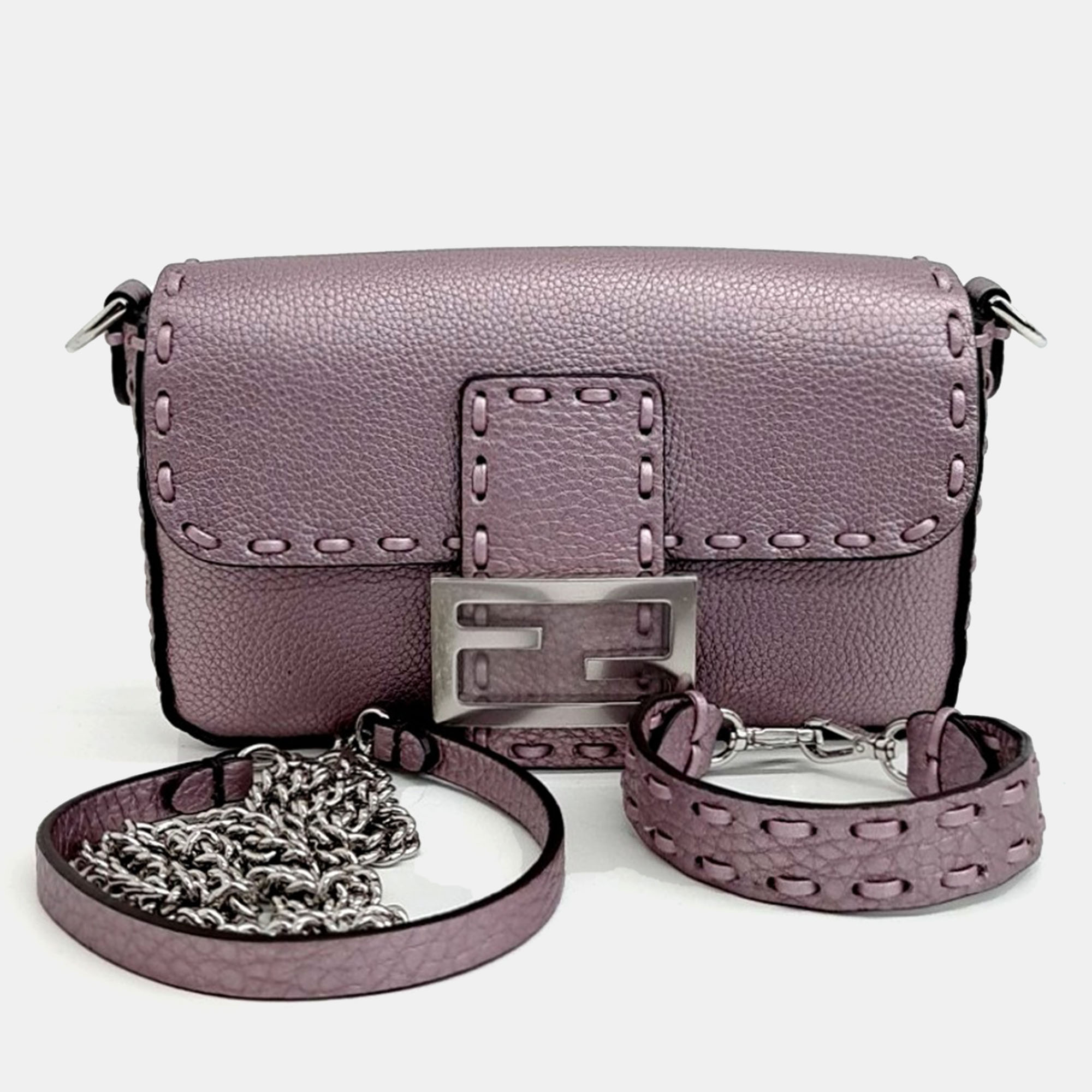 Pre-owned Fendi Purple Leather Selleria Baguette Mini